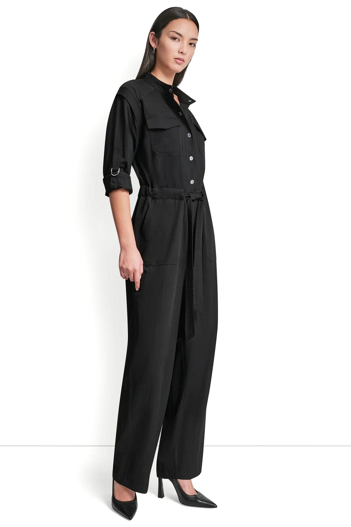 LONG SLEEVE COLLARLESS UTILITY JUMPSUIT VIEW 2