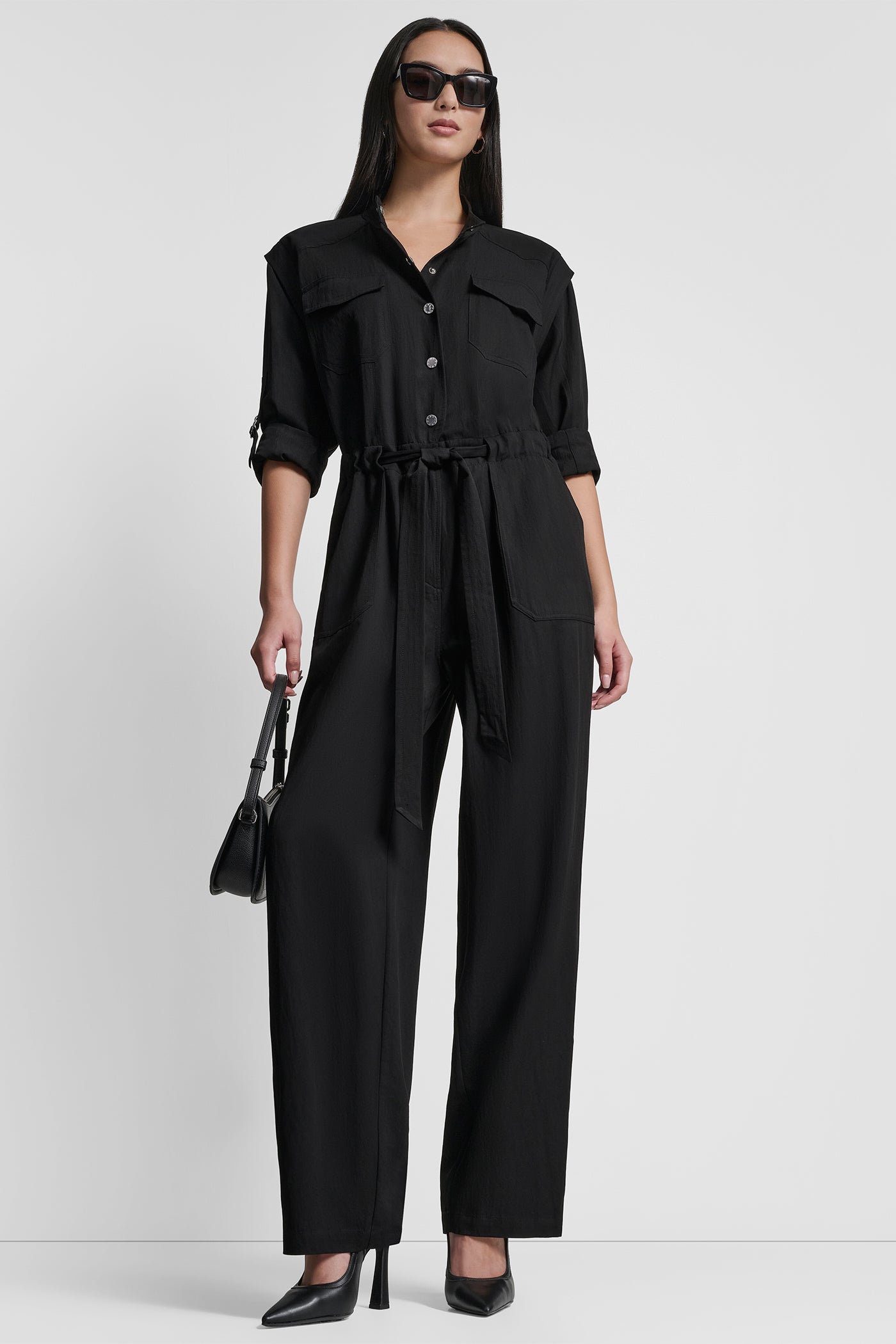 Black COLLARLESS BUTTON-FRONT JUMPSUIT, VIEW 1 | Clothing