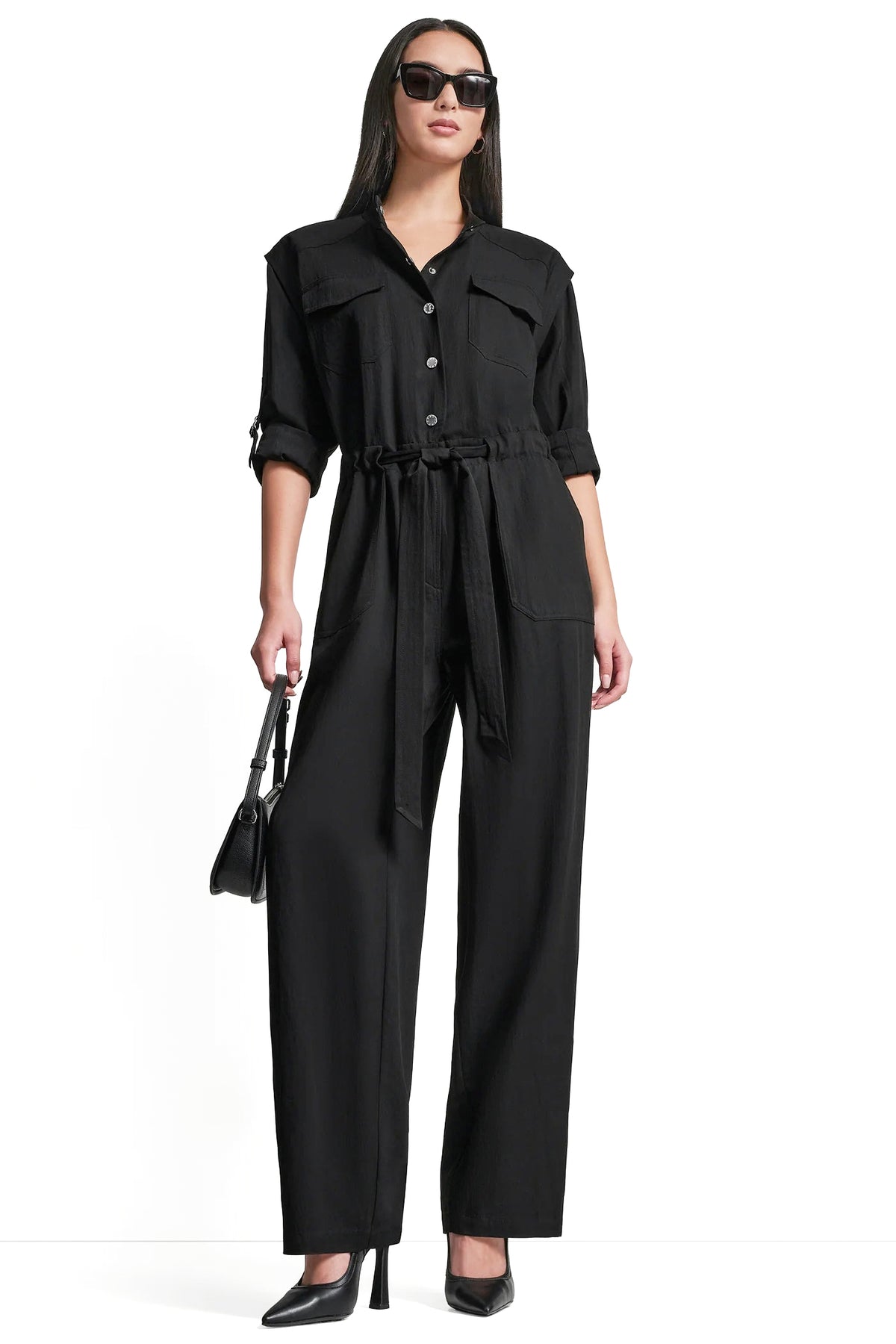 LONG SLEEVE COLLARLESS UTILITY JUMPSUIT View 1 | Dresses Under $100