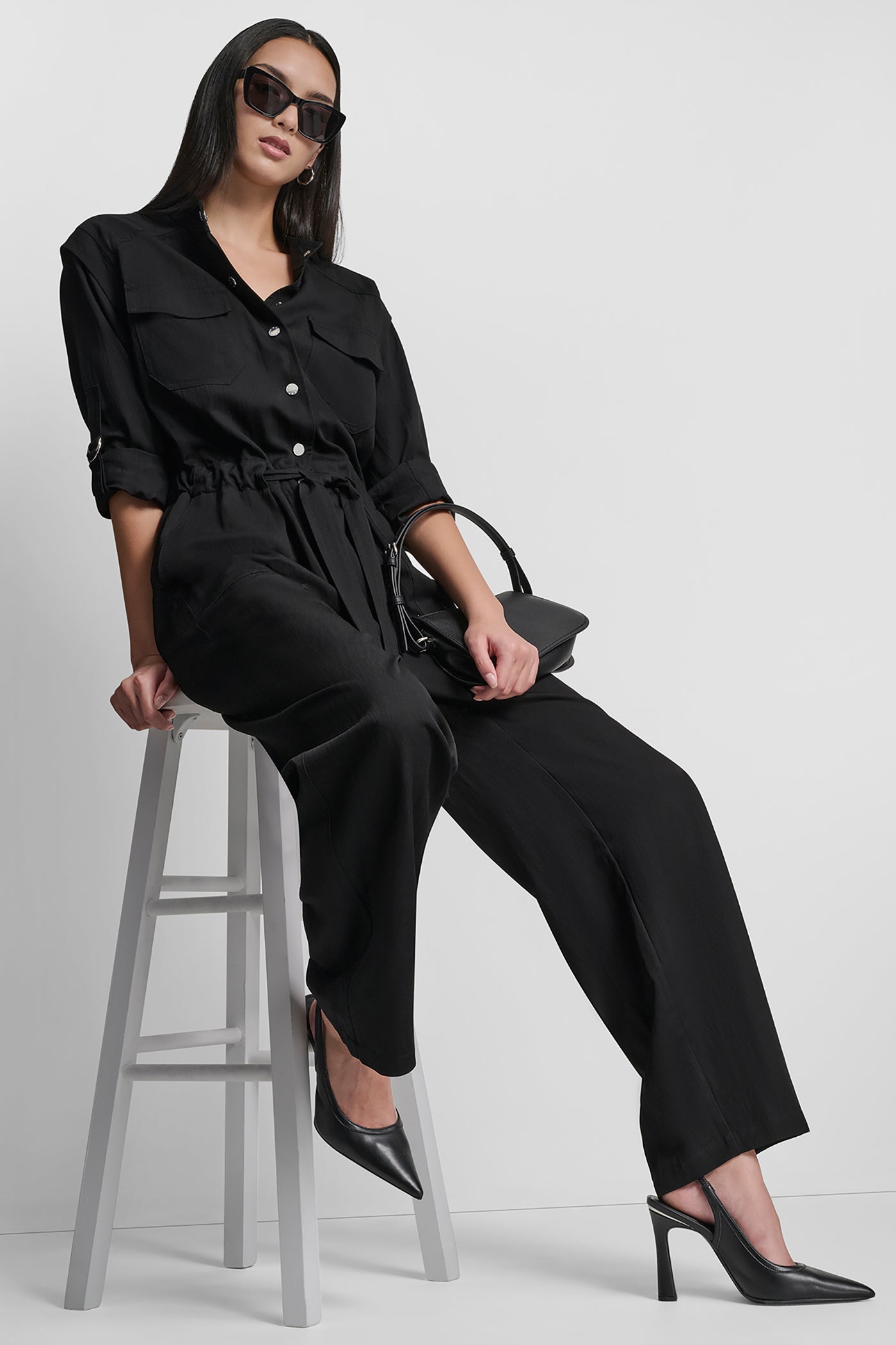 COLLARLESS BUTTON-FRONT JUMPSUIT VIEW 8 | Clothing