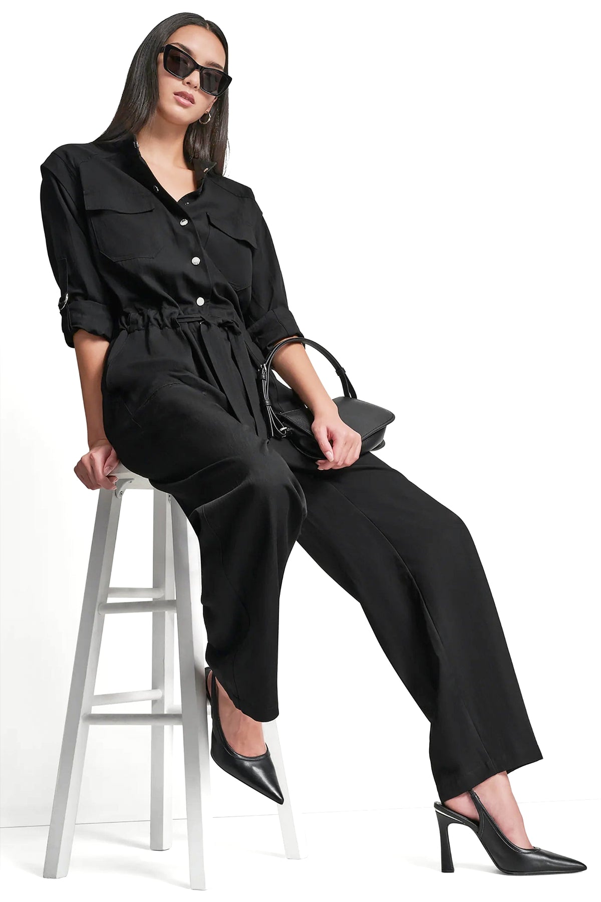 LONG SLEEVE COLLARLESS UTILITY JUMPSUIT VIEW 2