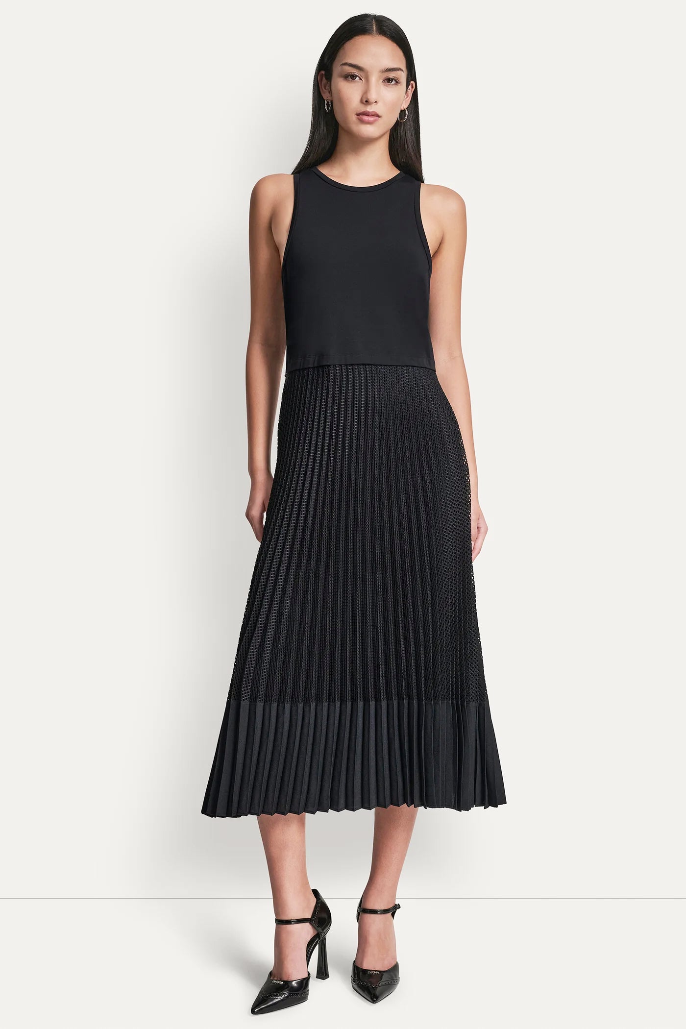 PLEATED MIXED MEDIA MIDI DRESS VIEW 4 | SALE