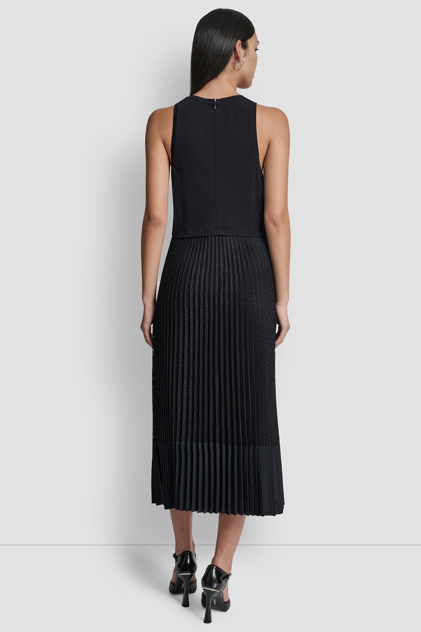 Navy SLEEVELESS PLEATED MIXED MEDIA MIDI DRESS, VIEW 2 | Dresses & Jumpsuits