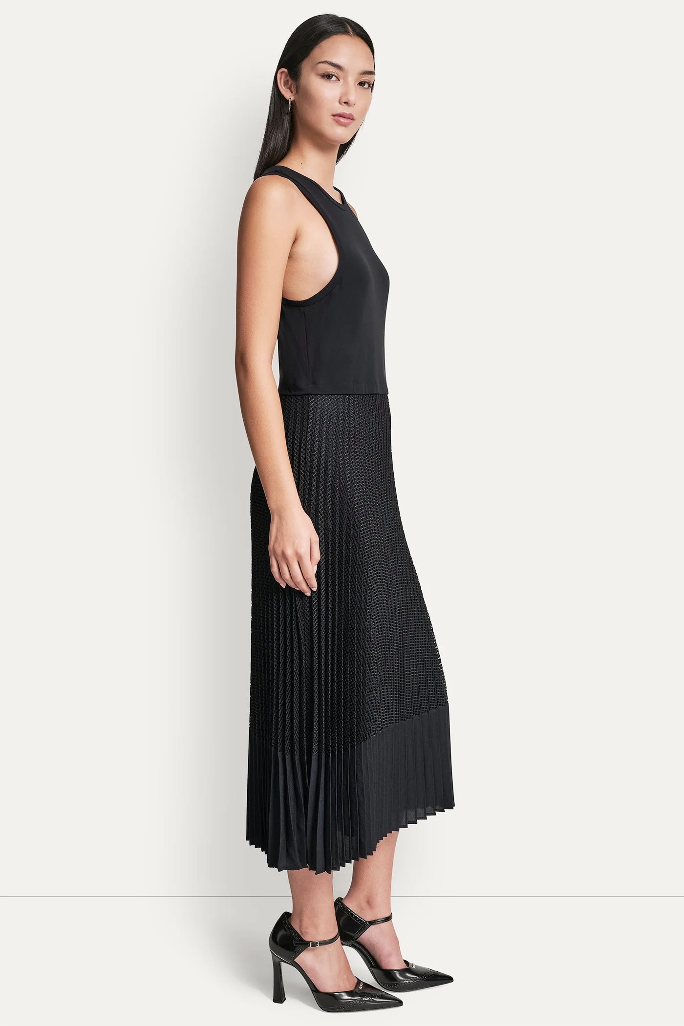 PLEATED MIXED MEDIA MIDI DRESS VIEW 3 | SALE