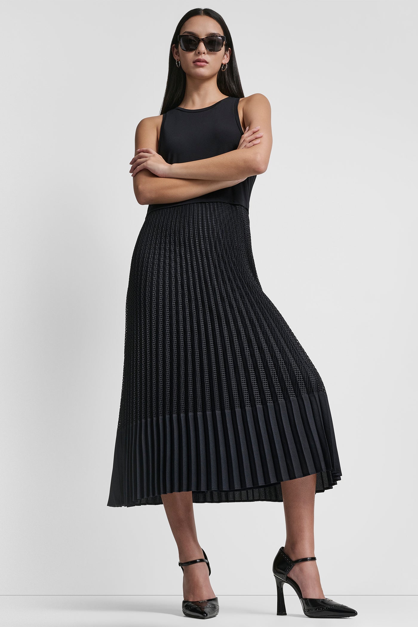 Navy SLEEVELESS PLEATED MIXED MEDIA MIDI DRESS, VIEW 1 | Dresses & Jumpsuits