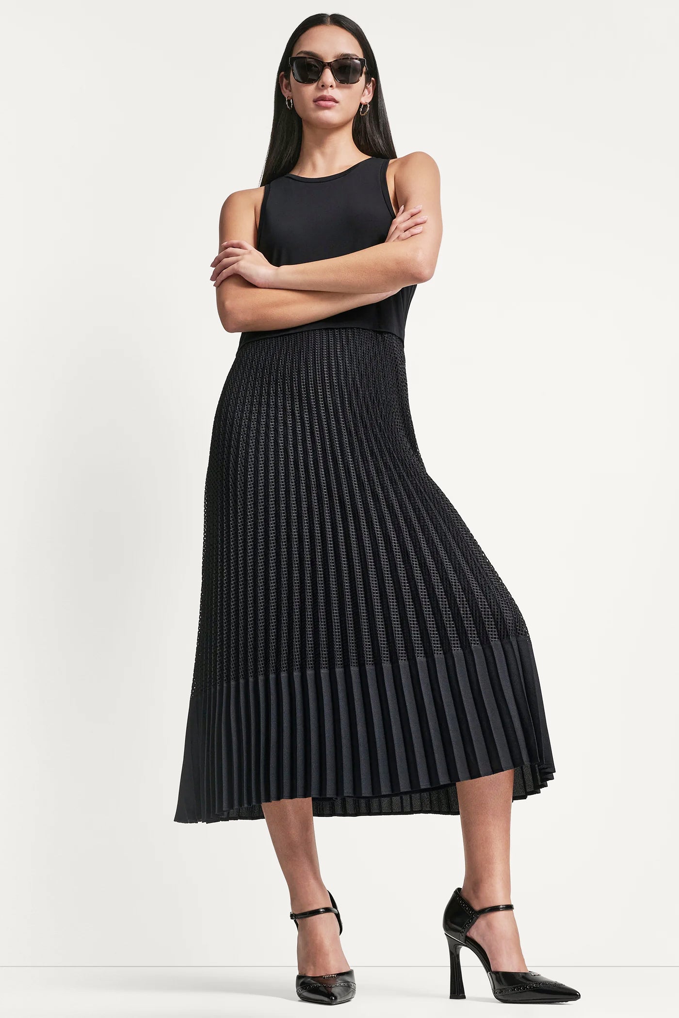 PLEATED MIXED MEDIA MIDI DRESS VIEW 1 | SALE