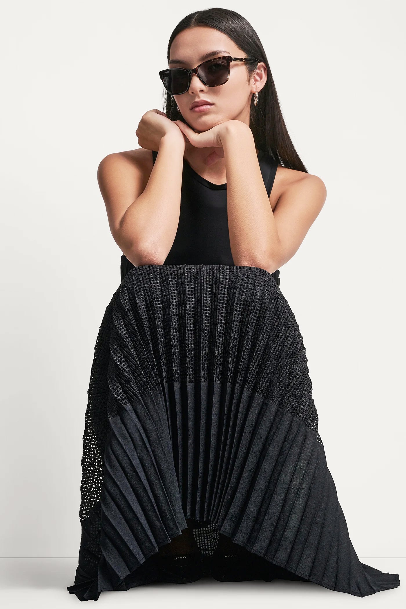 PLEATED MIXED MEDIA MIDI DRESS VIEW 7 | SALE