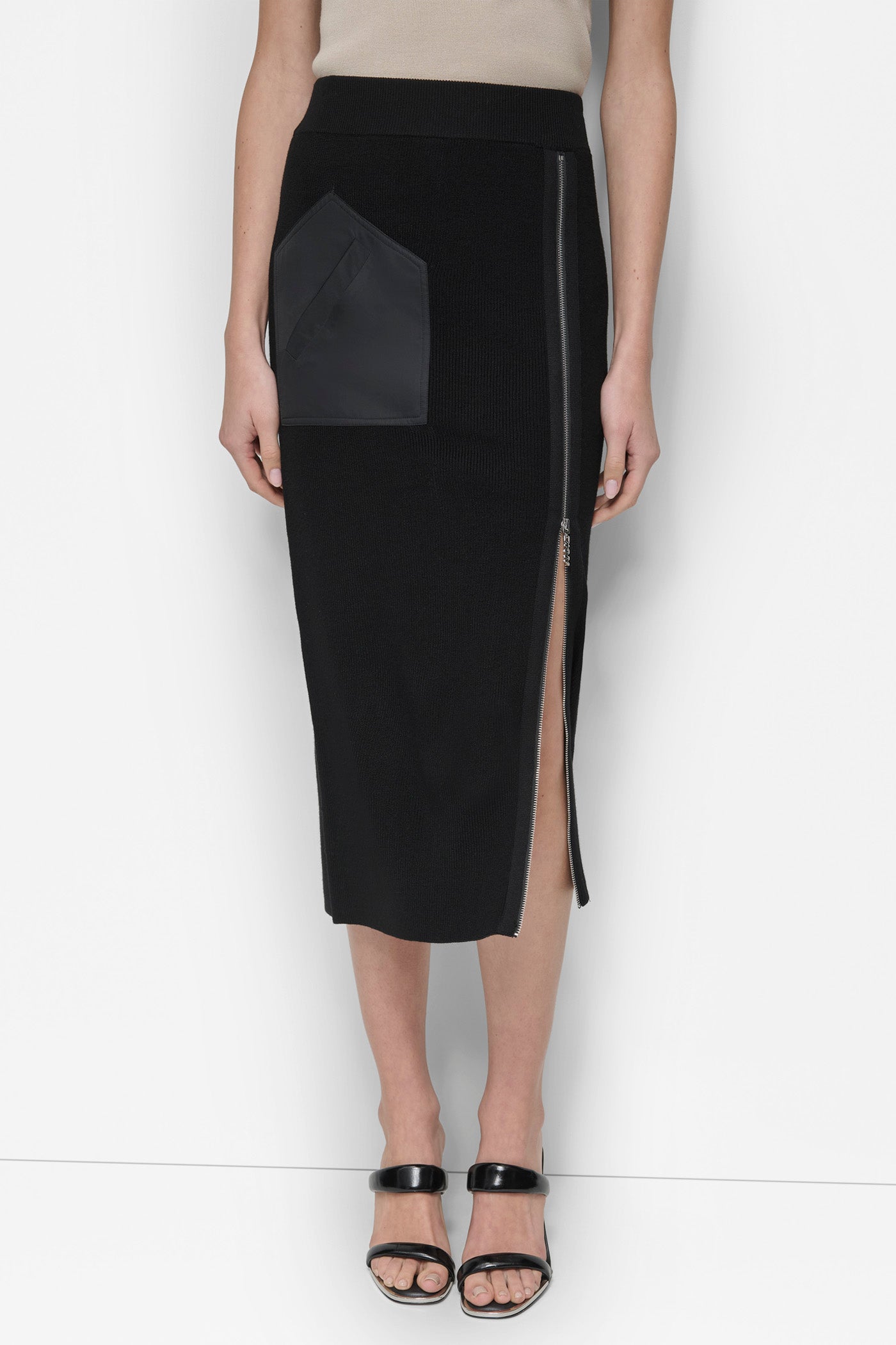 Black ZIP DETAILED MIDI SWEATER SKIRT, FRONT VIEW | Clothing