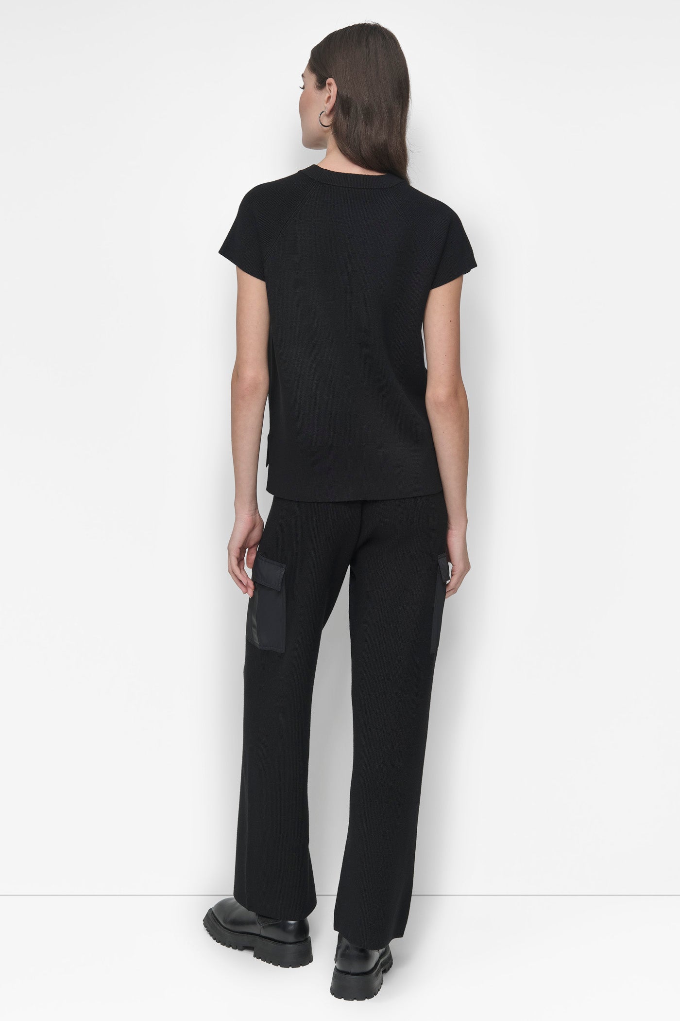 Black SHORT-SLEEVE CARGO POCKET SWEATER, BACK VIEW | WOMEN'S SWEATERS & TOPS