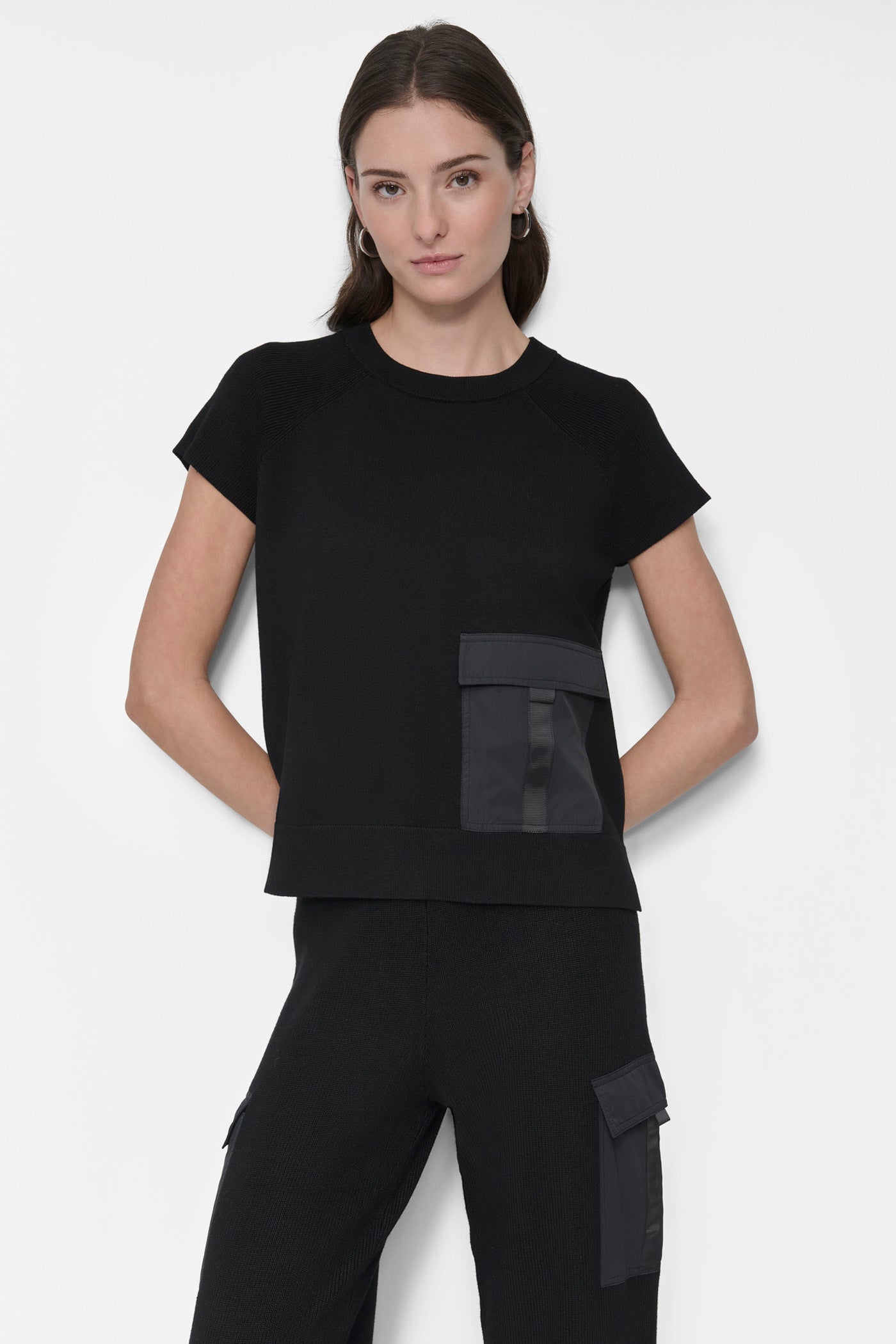 Black SHORT-SLEEVE CARGO POCKET SWEATER, FRONT VIEW | WOMEN'S SWEATERS & TOPS