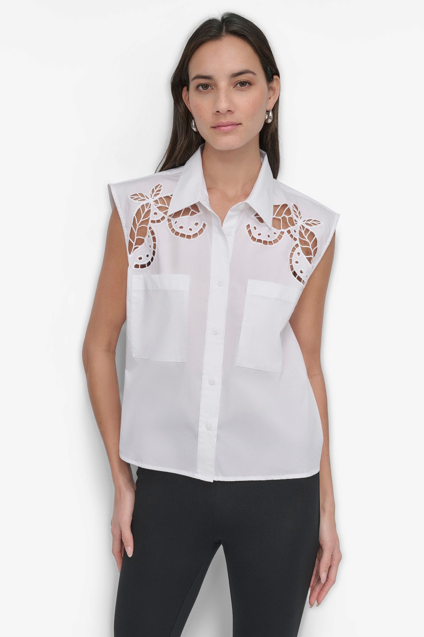 White BRODIERIE ANGLAISE SHIRT, FRONT VIEW | Fall Neutrals