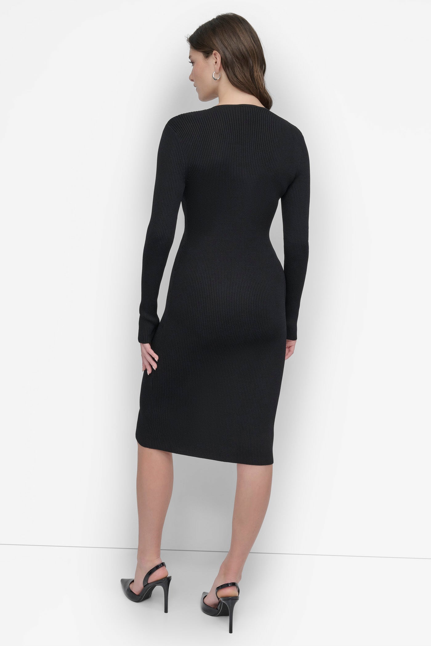 Black LONG SLEEVE ZIP FRONT SWEATER DRESS, BACK VIEW | SALE DRESSES