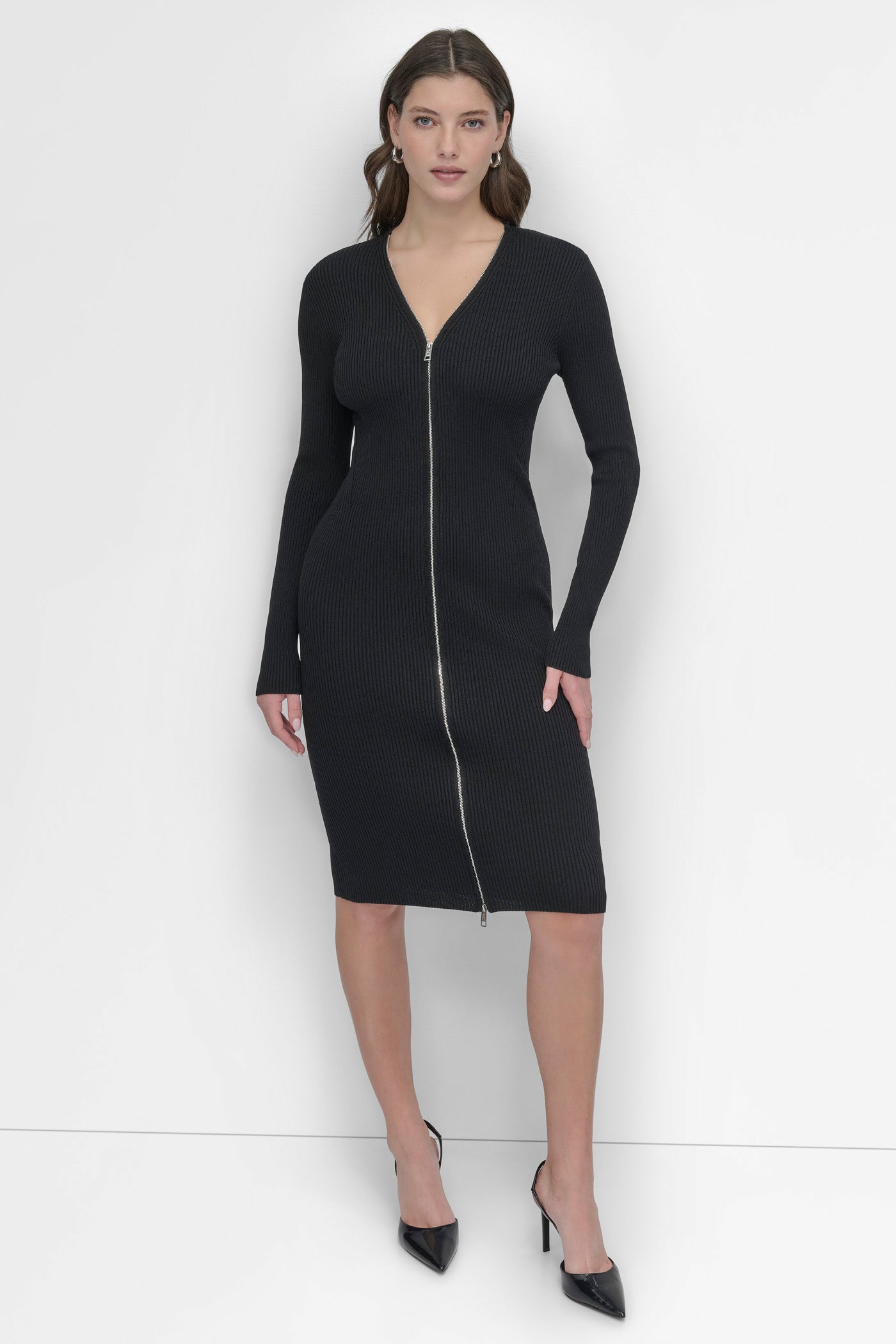 Black LONG SLEEVE ZIP FRONT SWEATER DRESS, FRONT VIEW | SALE DRESSES