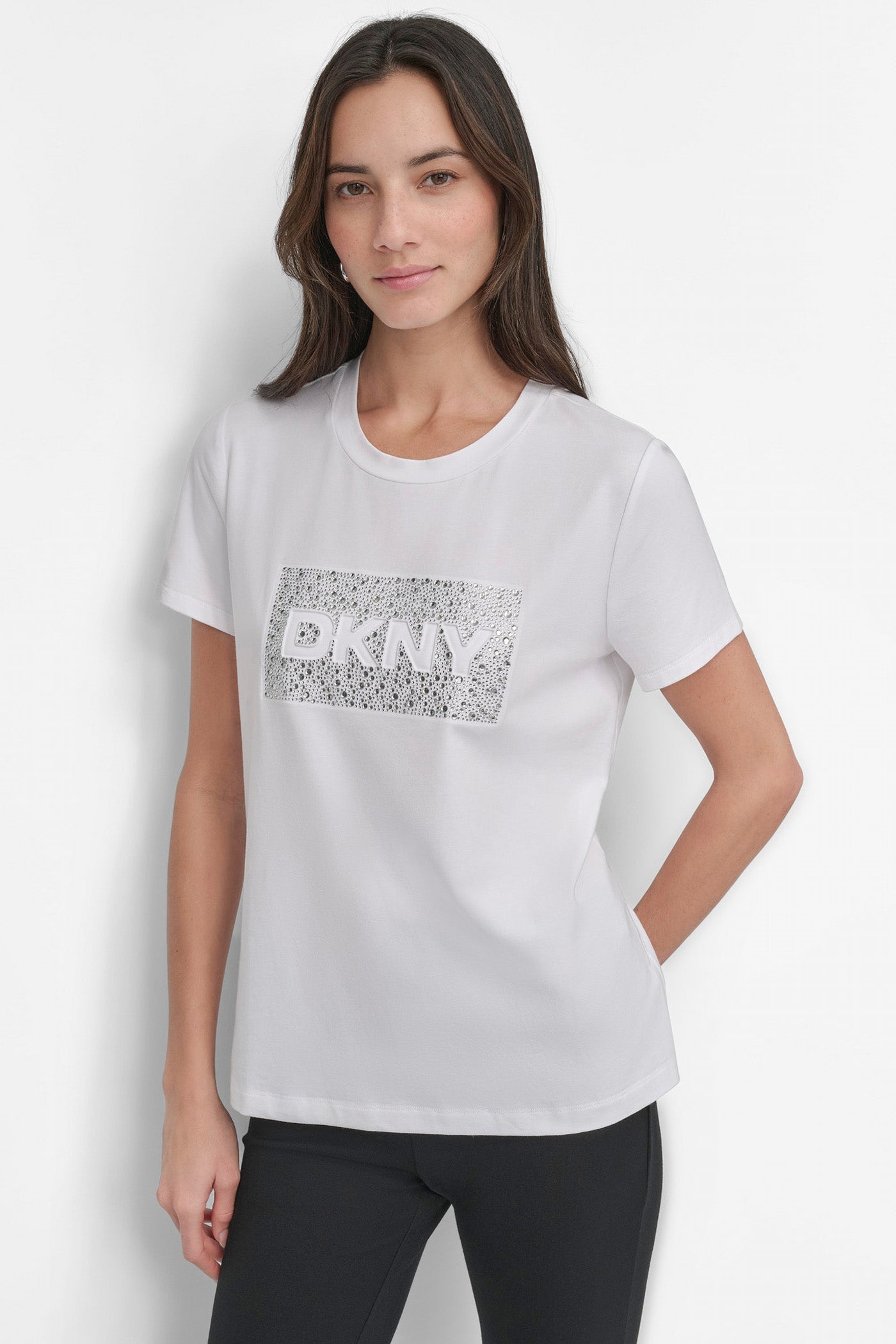 White SHORT SLEEVE STUD LOGO TEE, FRONT VIEW | DKNY JEANS