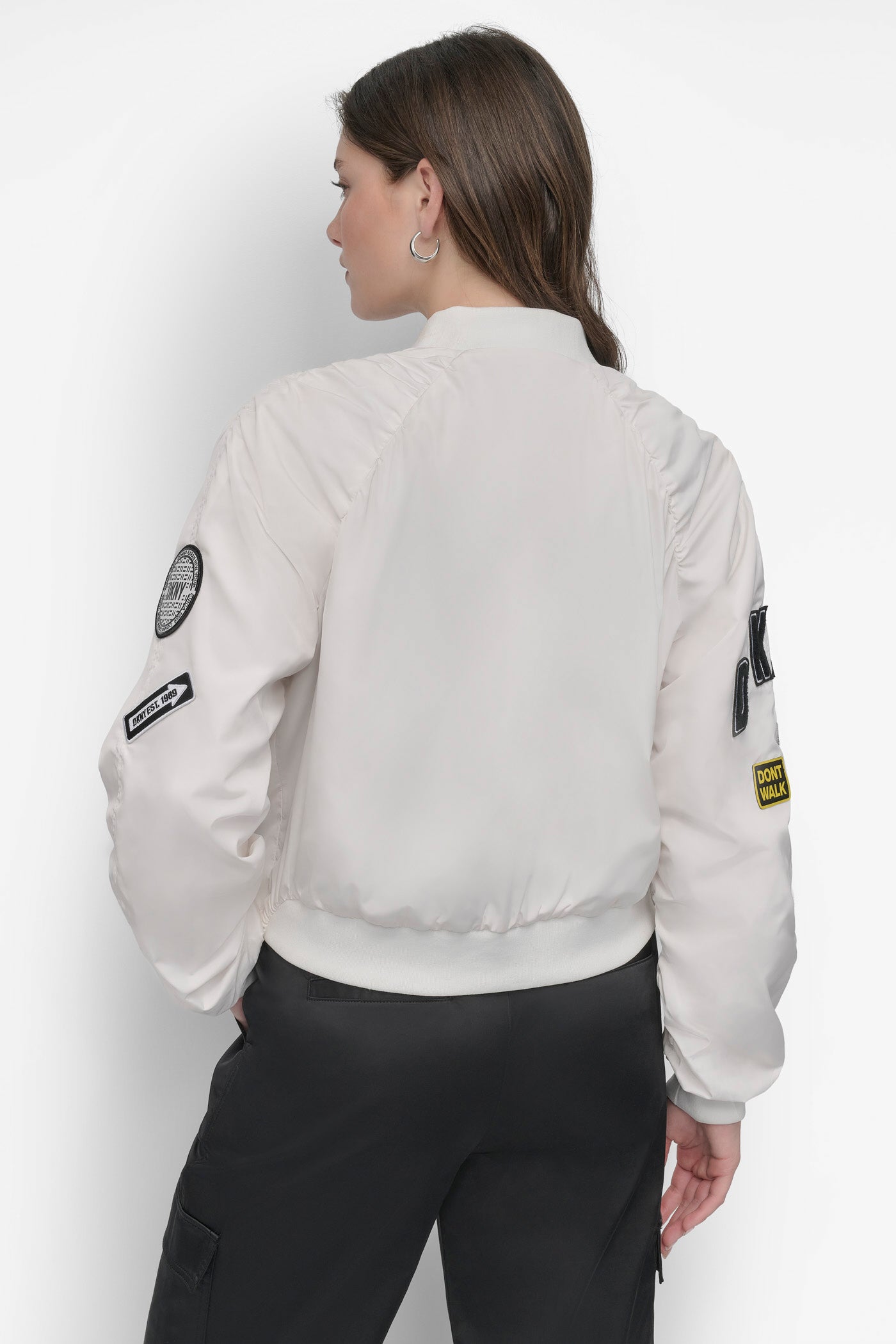 White CROPPED EMBELLISHED BOMBER JACKET, BACK VIEW | Jackets & Blazers