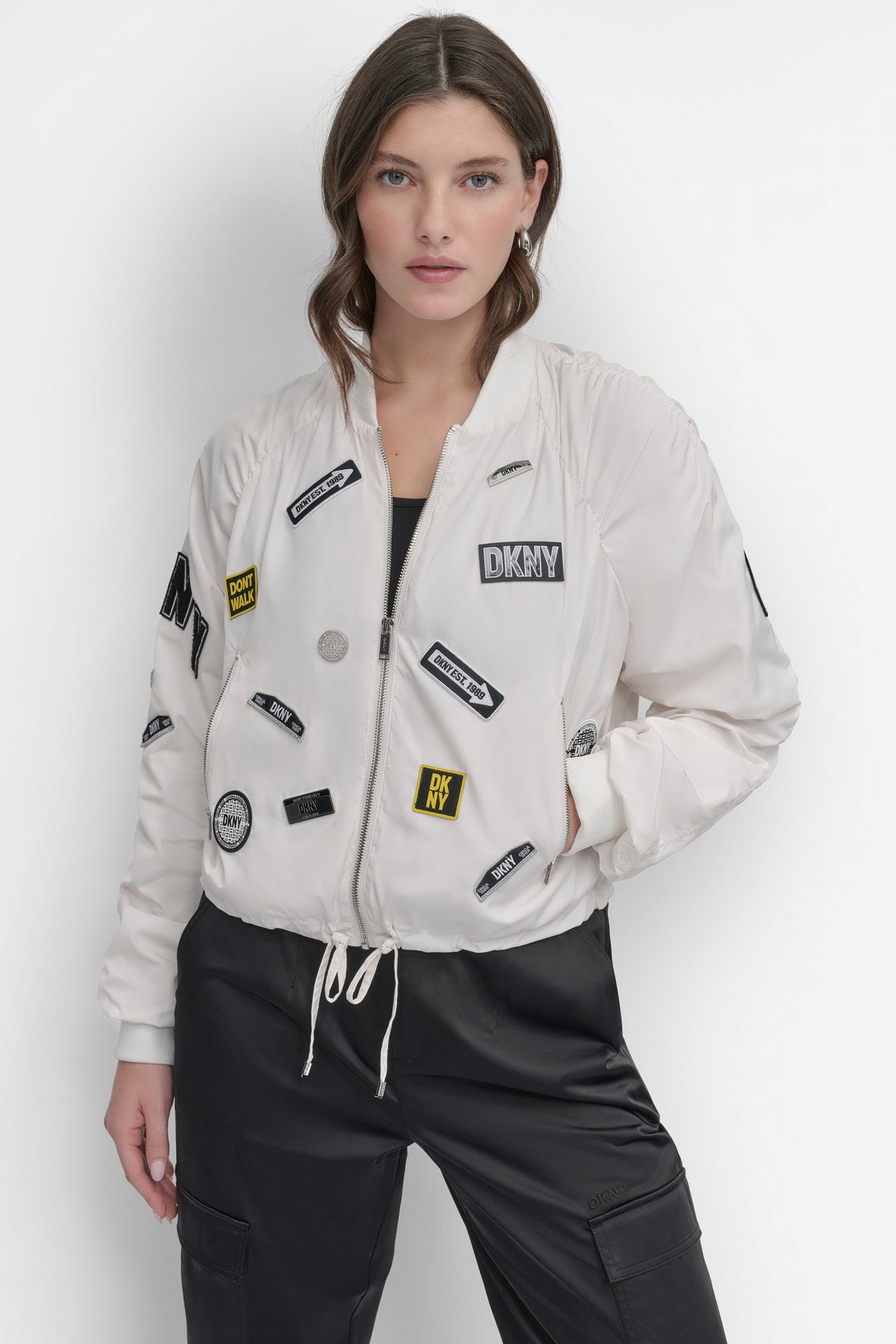 White CROPPED EMBELLISHED BOMBER JACKET, FRONT VIEW | Jackets & Blazers
