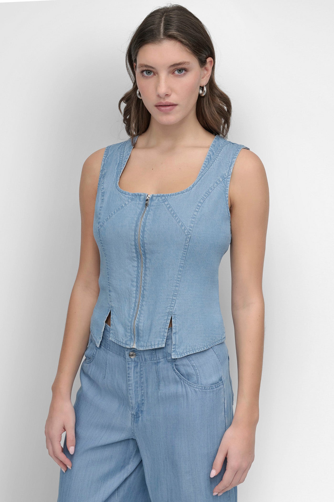 Light Chambray SLEEVELESS ZIP FRONT TENCEL, FRONT VIEW | Denim Destination