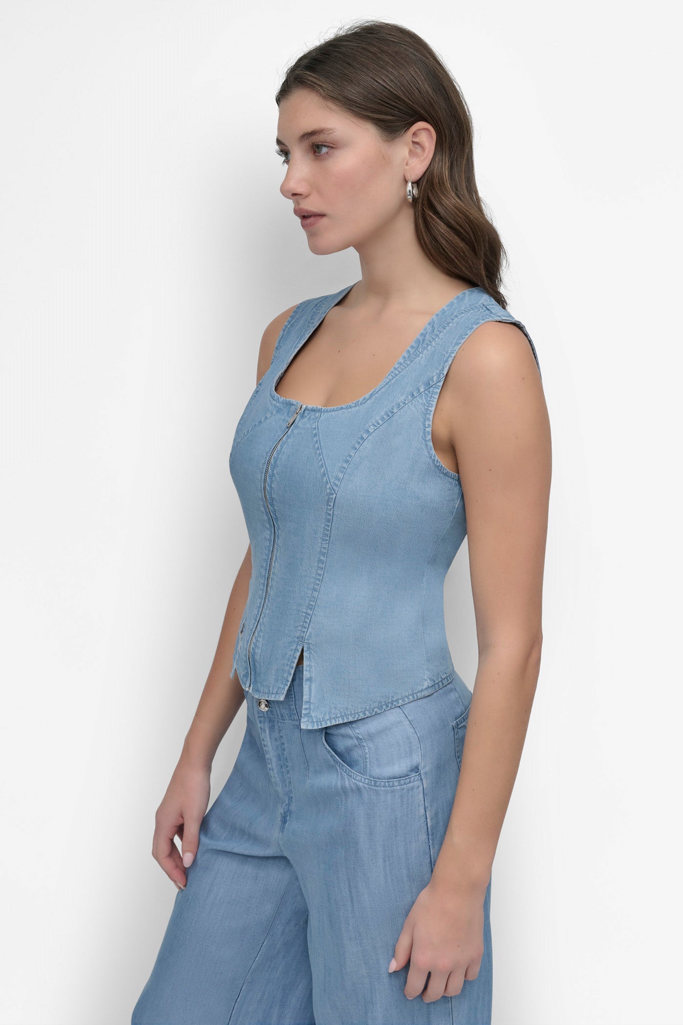 Light Chambray SLEEVELESS ZIP FRONT TENCEL, BACK VIEW | Denim Destination