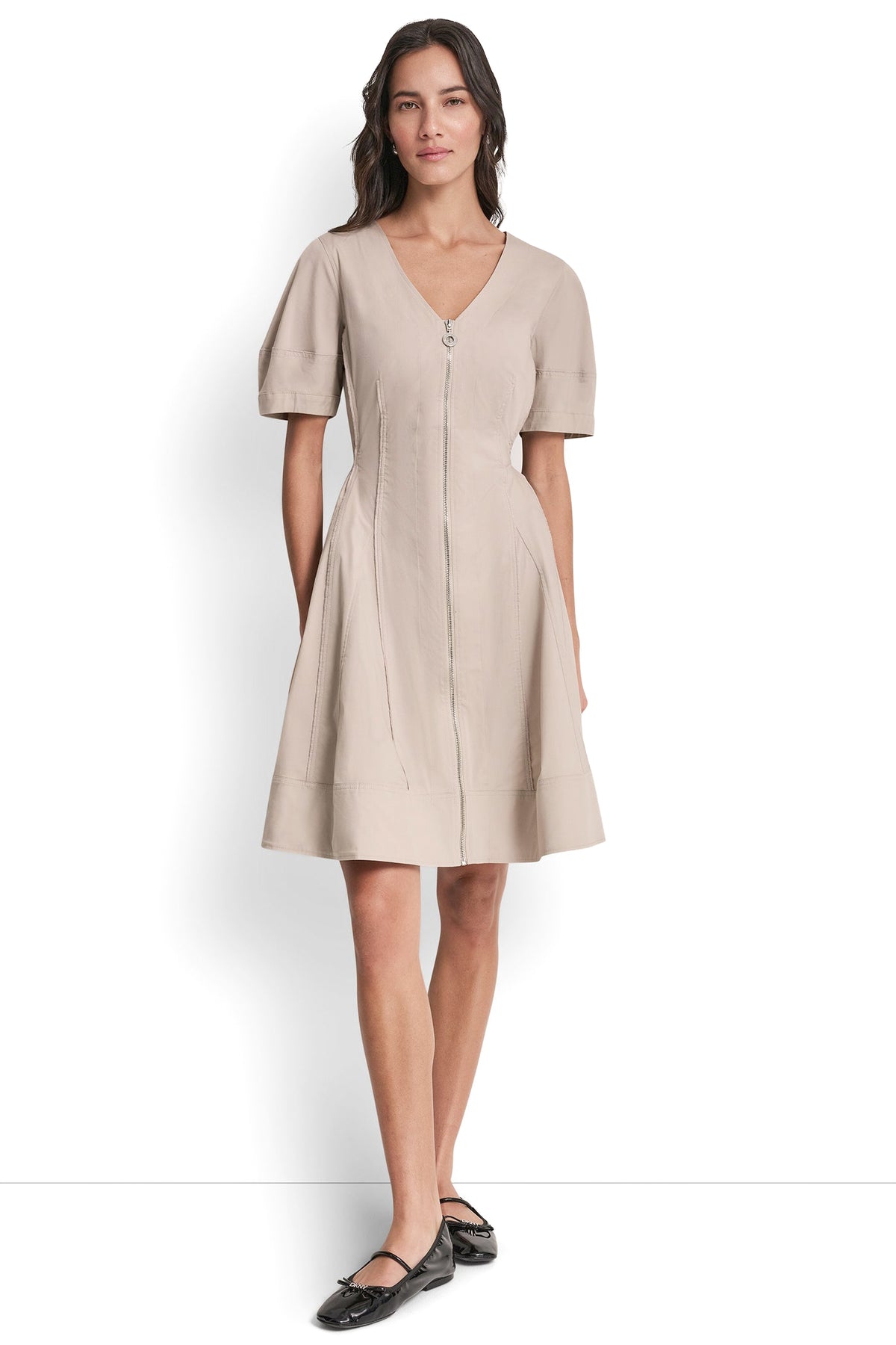 SHORT SLEEVE PLEATED FIT & FLARE DRESS VIEW 2