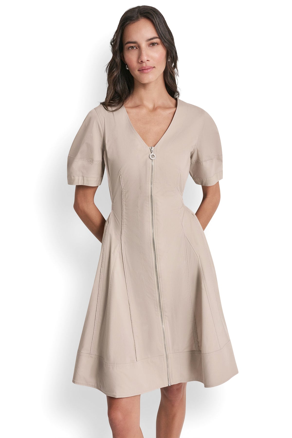 SHORT SLEEVE PLEATED FIT & FLARE DRESS VIEW 2
