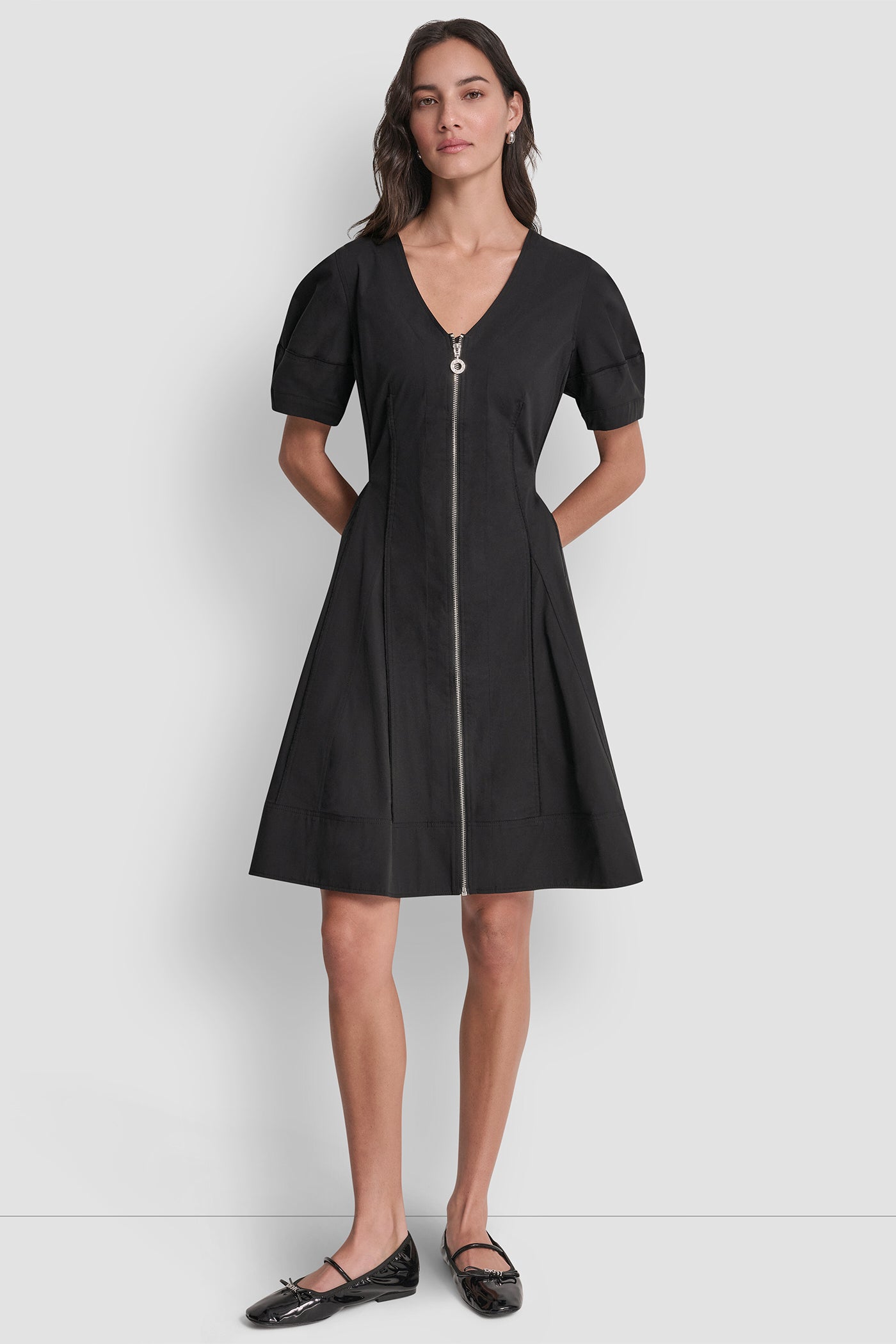 Black FIT AND FLARE V-NECK DRESS, VIEW 1 | Products