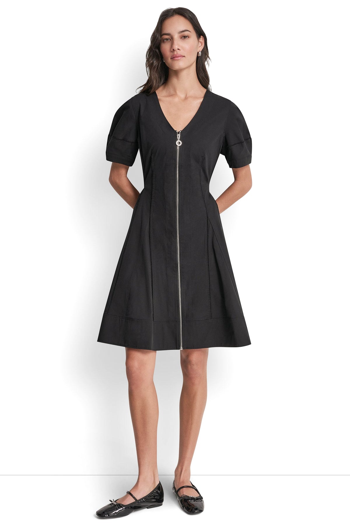 SHORT SLEEVE PLEATED FIT & FLARE DRESS VIEW 2