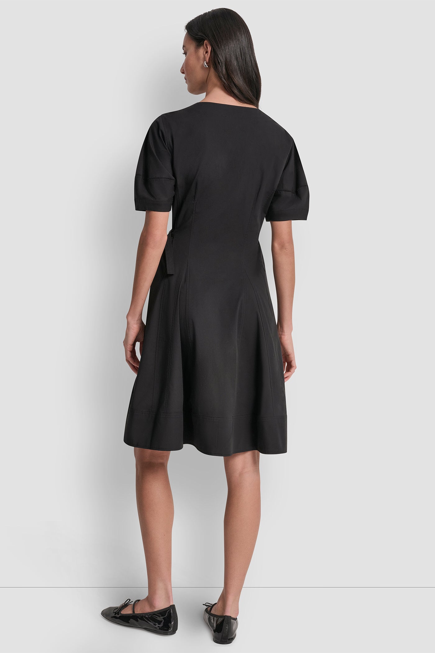 Black FIT AND FLARE V-NECK DRESS, VIEW 2 | Products