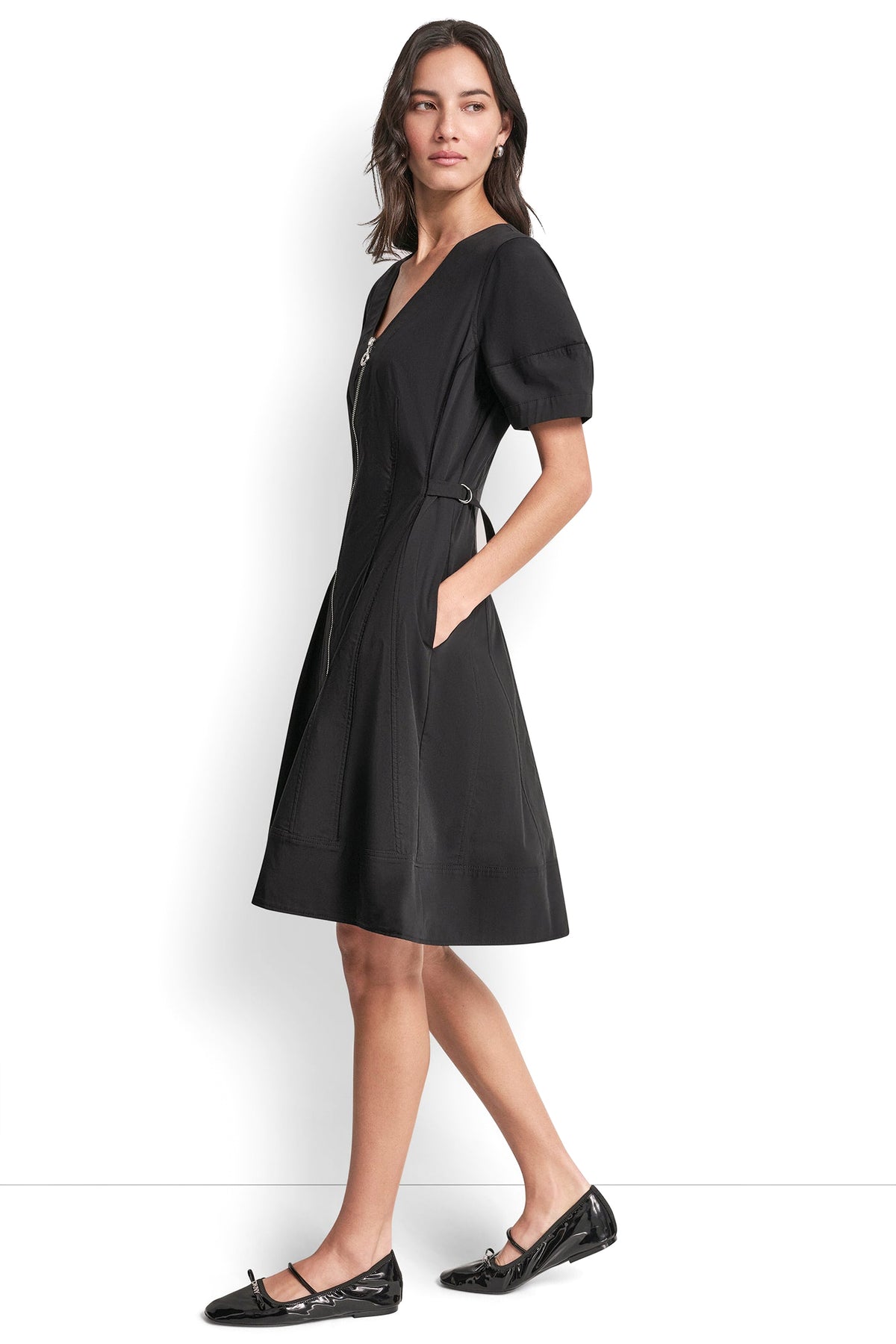 SHORT SLEEVE PLEATED FIT & FLARE DRESS VIEW 2