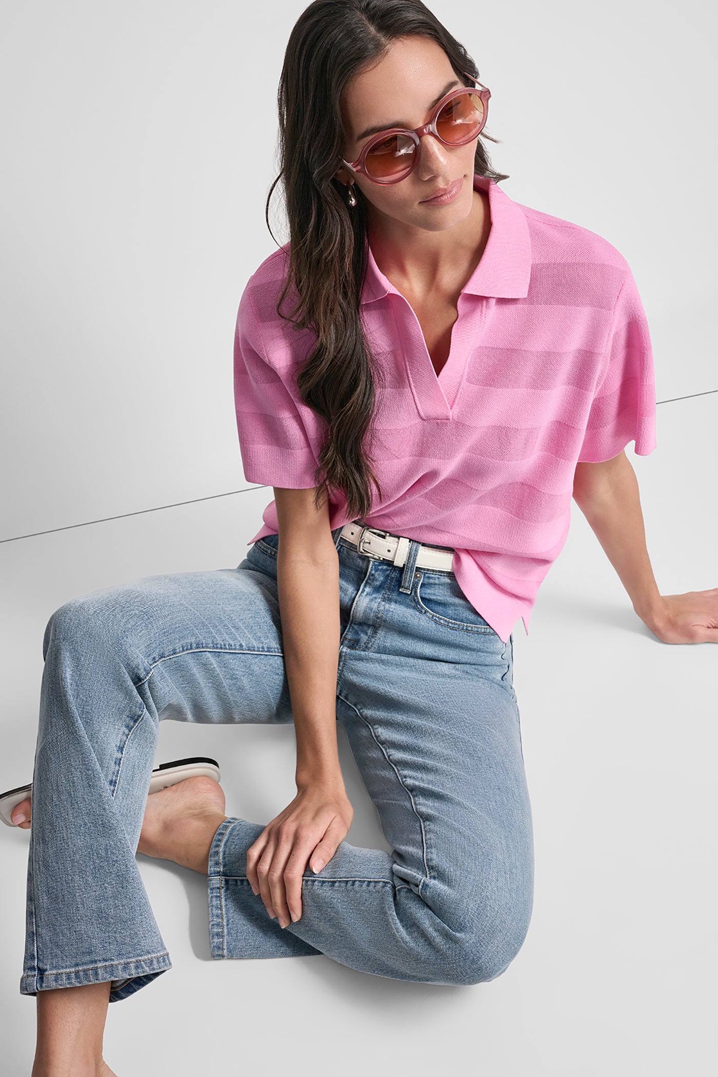 Bright Peony SHEER STRIPED POLO SWEATER, VIEW 1 | Clothing