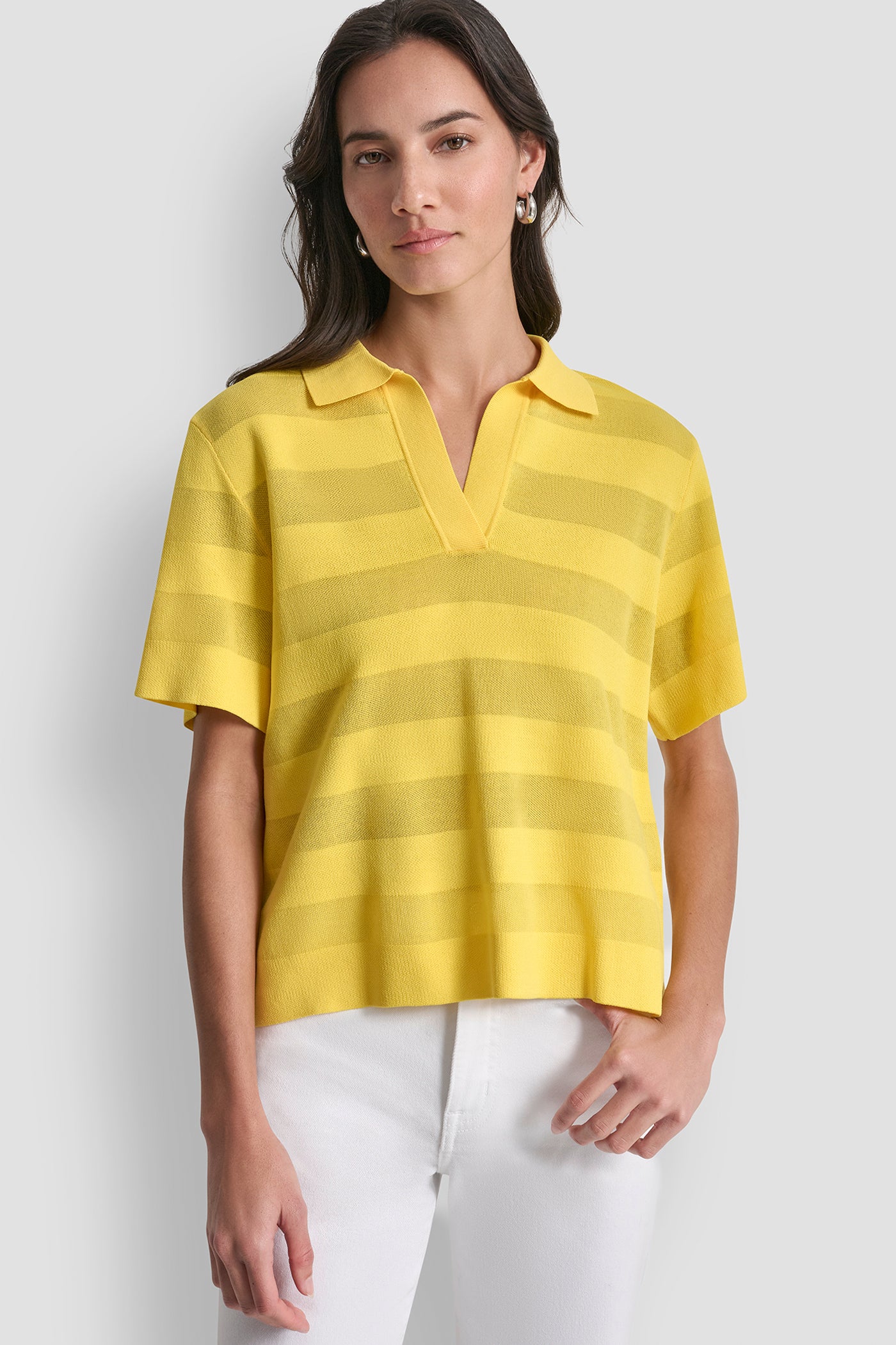 Taxi Yellow SHEER STRIPED POLO SWEATER, FRONT VIEW | Clothing