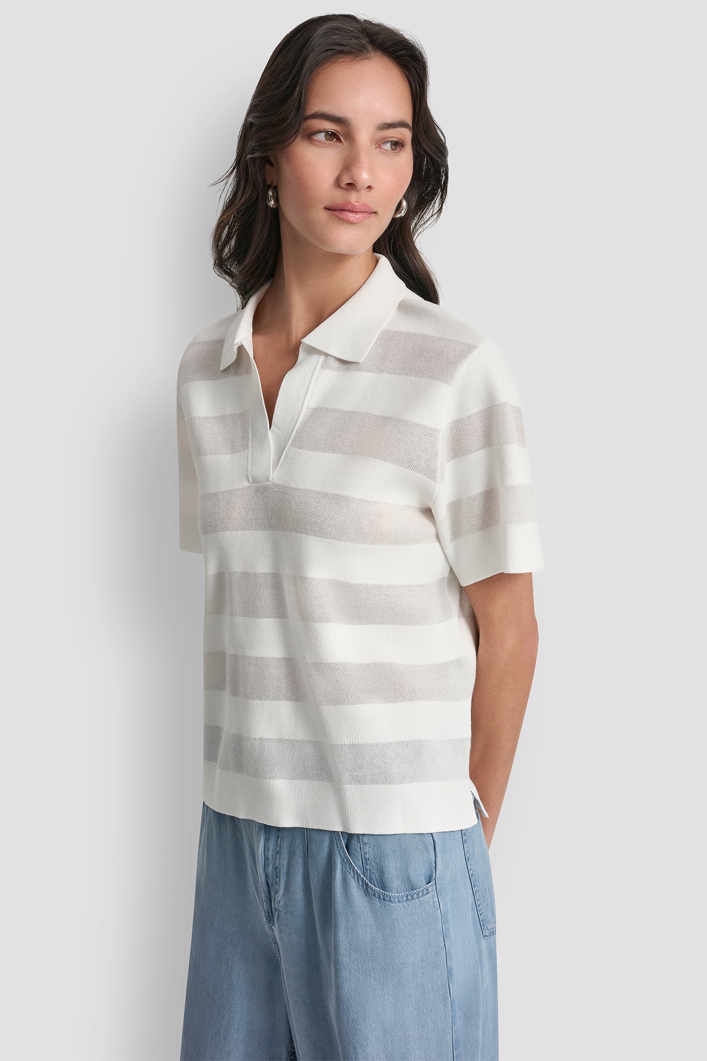 SHEER STRIPED POLO SWEATER VIEW 3 | Clothing