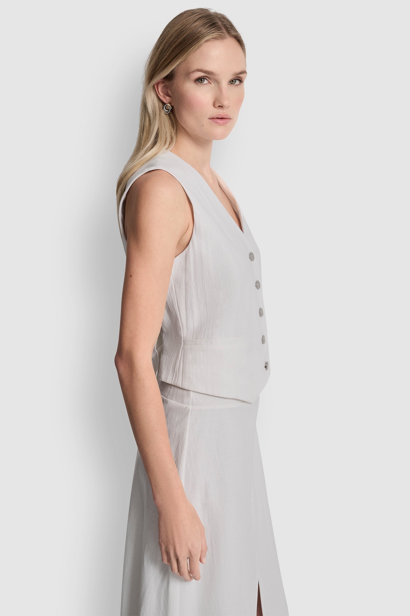 Ivory PIQUÉ BUTTON-FRONT VEST, VIEW 2 | WOMEN'S SWEATERS & TOPS