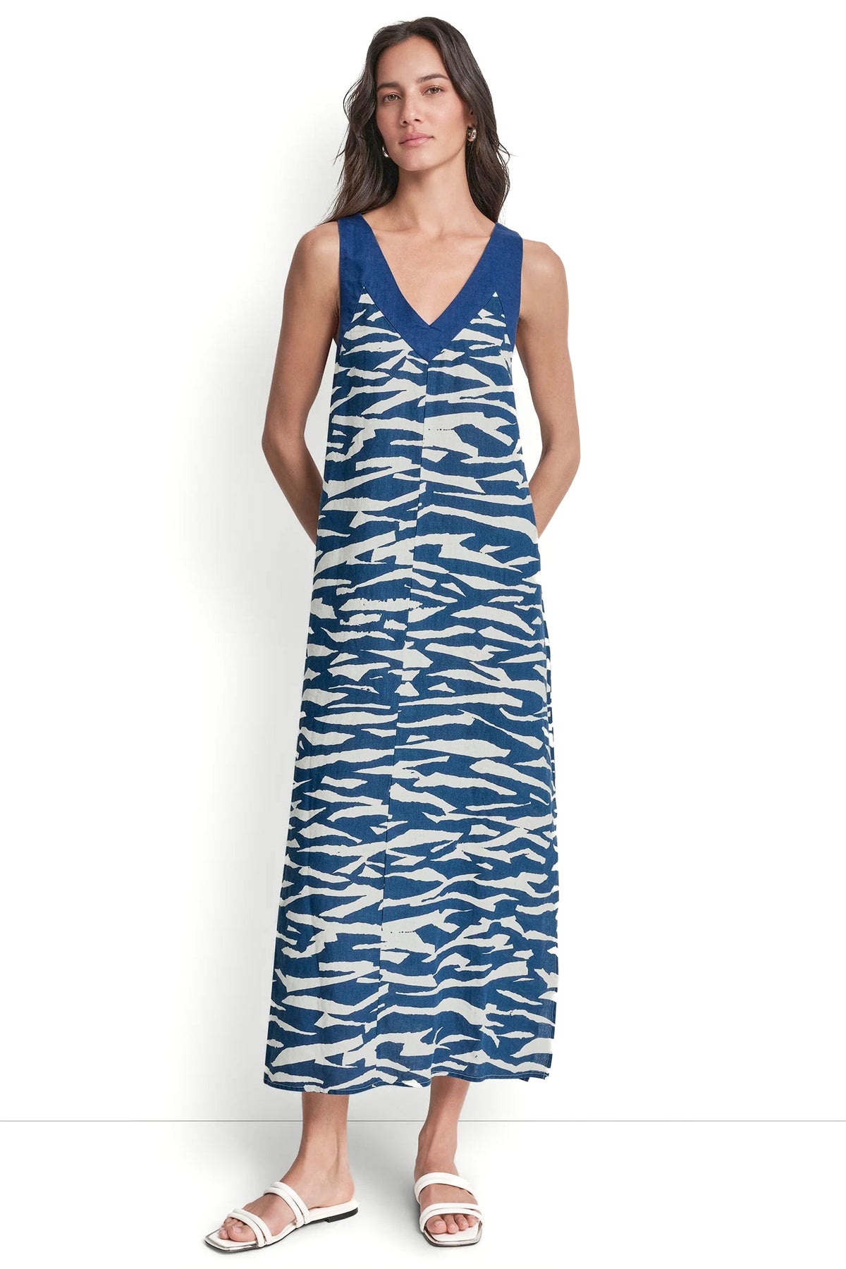 LINEN SLEEVELESS COLOR-BLOCK MIDI DRESS VIEW 2