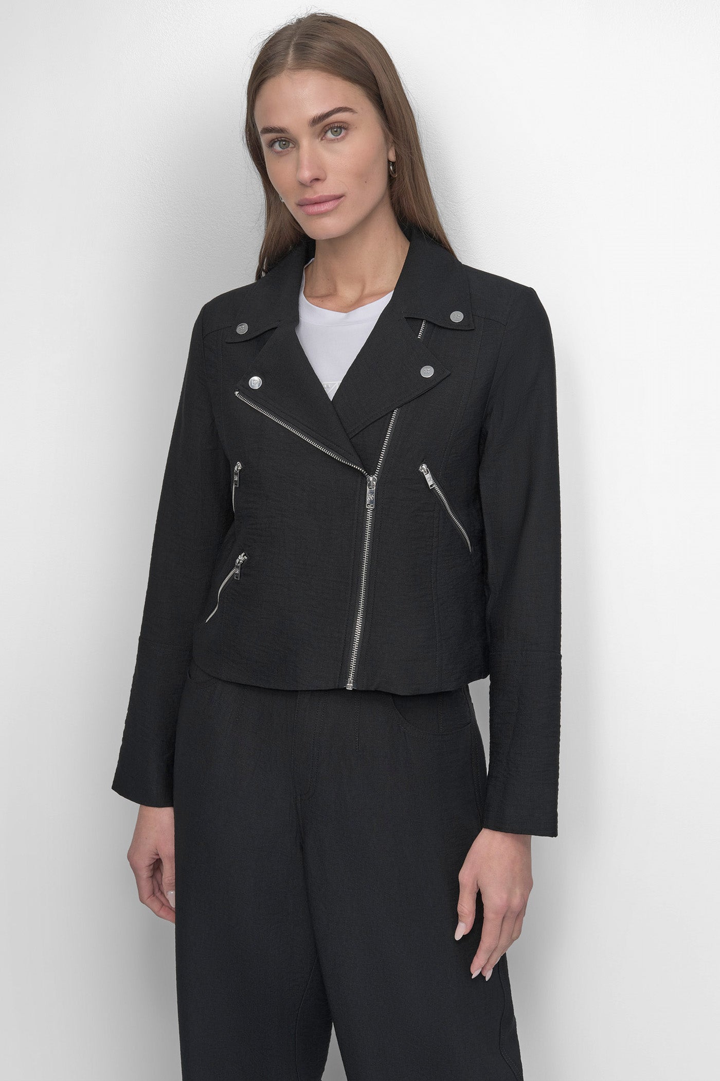 Black ZIPPER CRINKLE JACKET, FRONT VIEW | WOMENS COATS & JACKETS