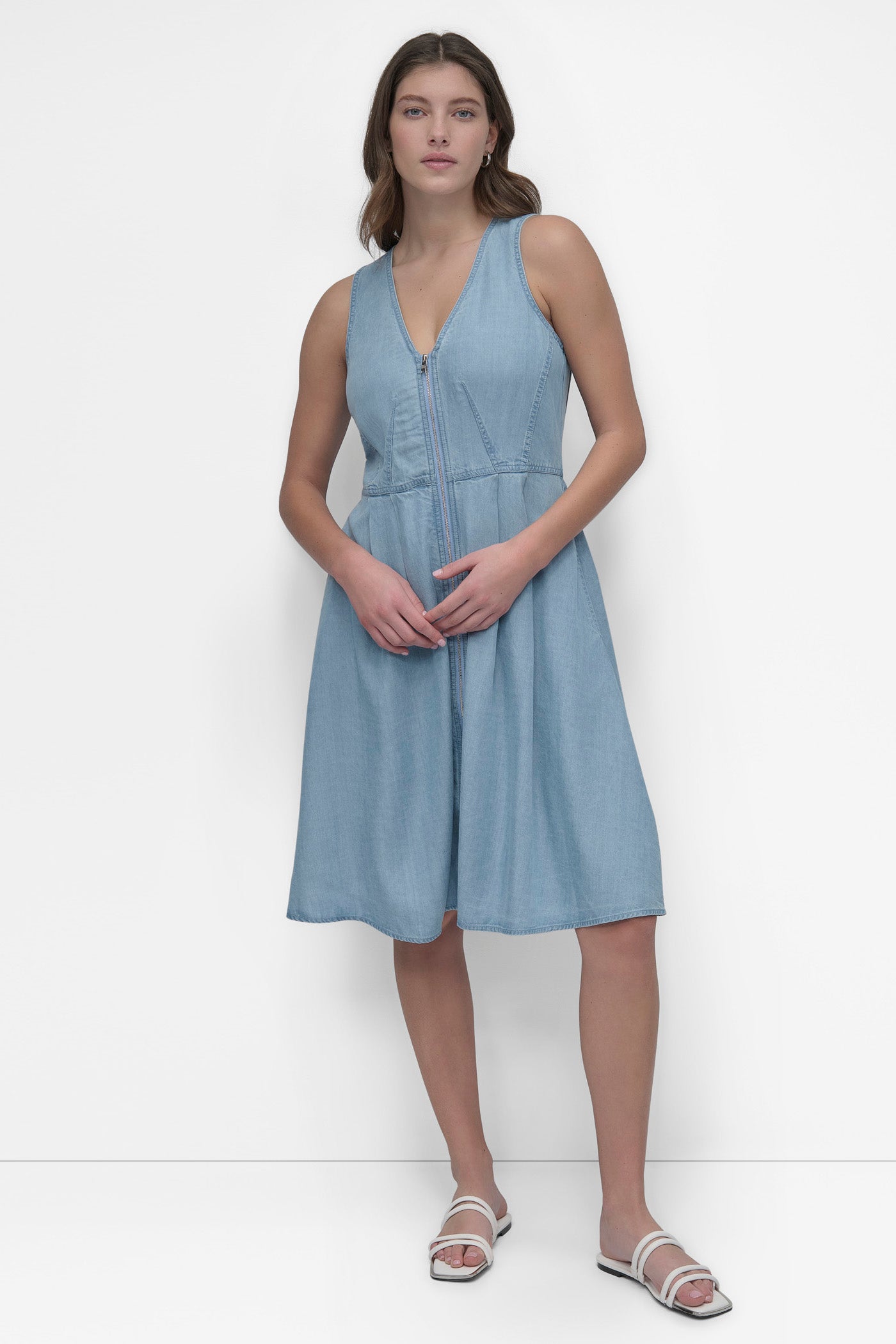 LIGHT CHAMBRAY SLEEVESS ZIP FRONT TENCEL DRESS, FRONT VIEW | Denim Destination