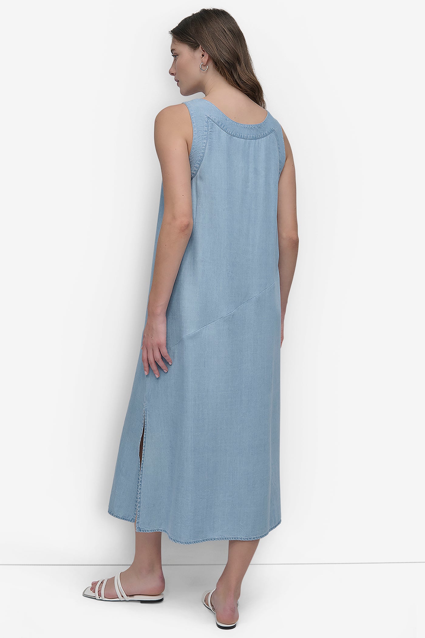 LIGHT CHAMBRAY SLEEVELES V NECK TENCEL DRESS, BACK VIEW | Denim Destination