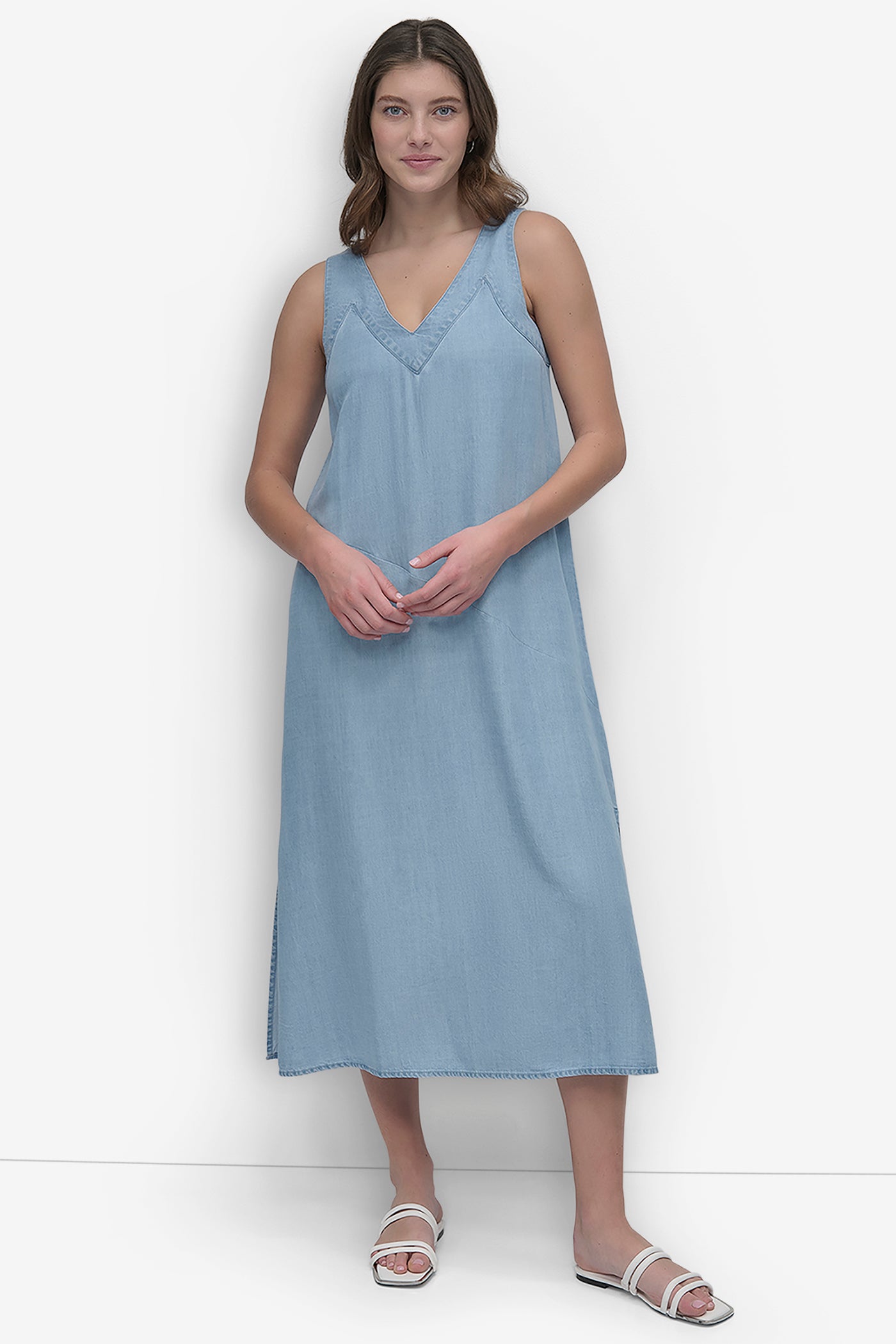 LIGHT CHAMBRAY SLEEVELES V NECK TENCEL DRESS, FRONT VIEW | Denim Destination