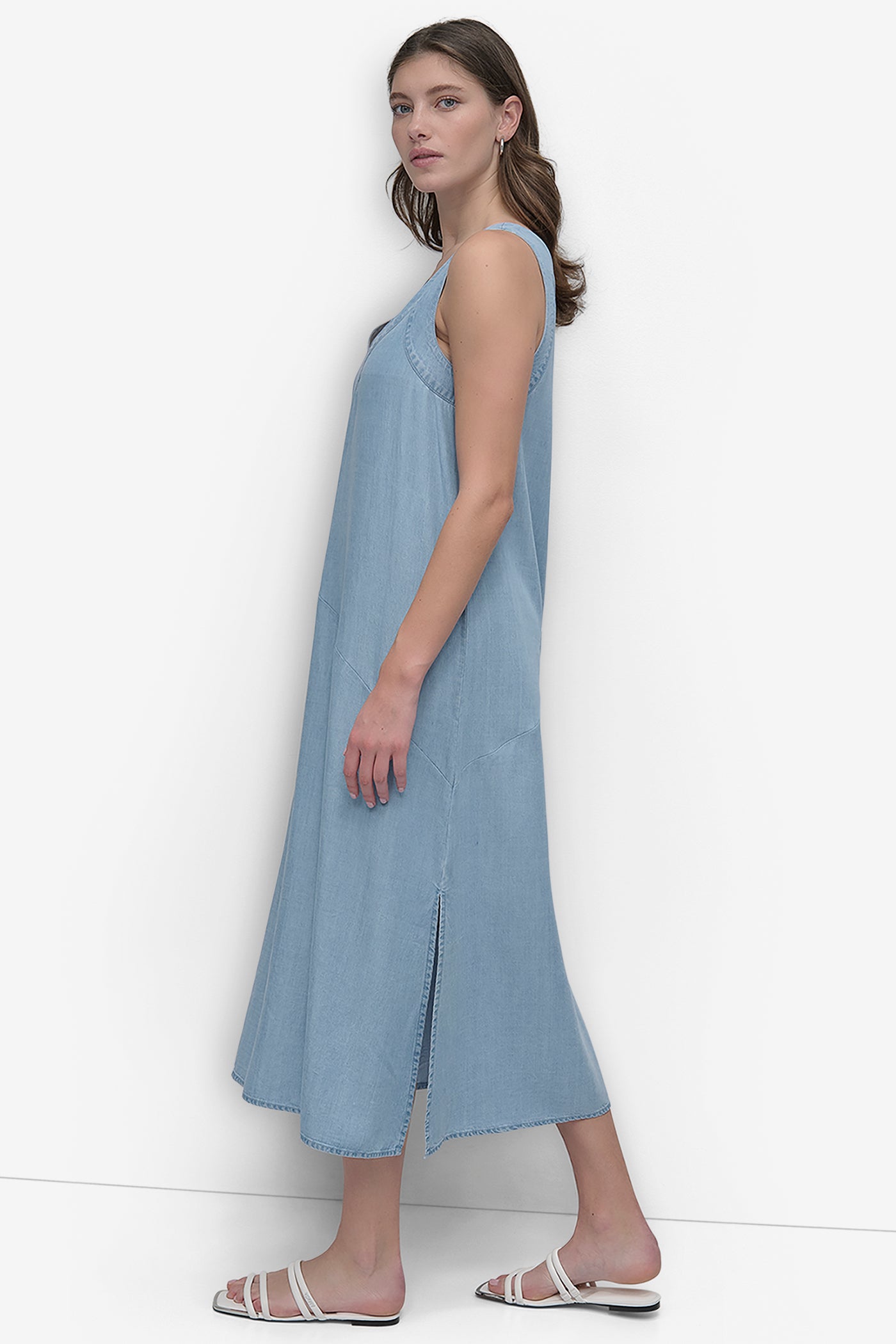 SLEEVELES V NECK TENCEL DRESS VIEW 3 | Denim Destination