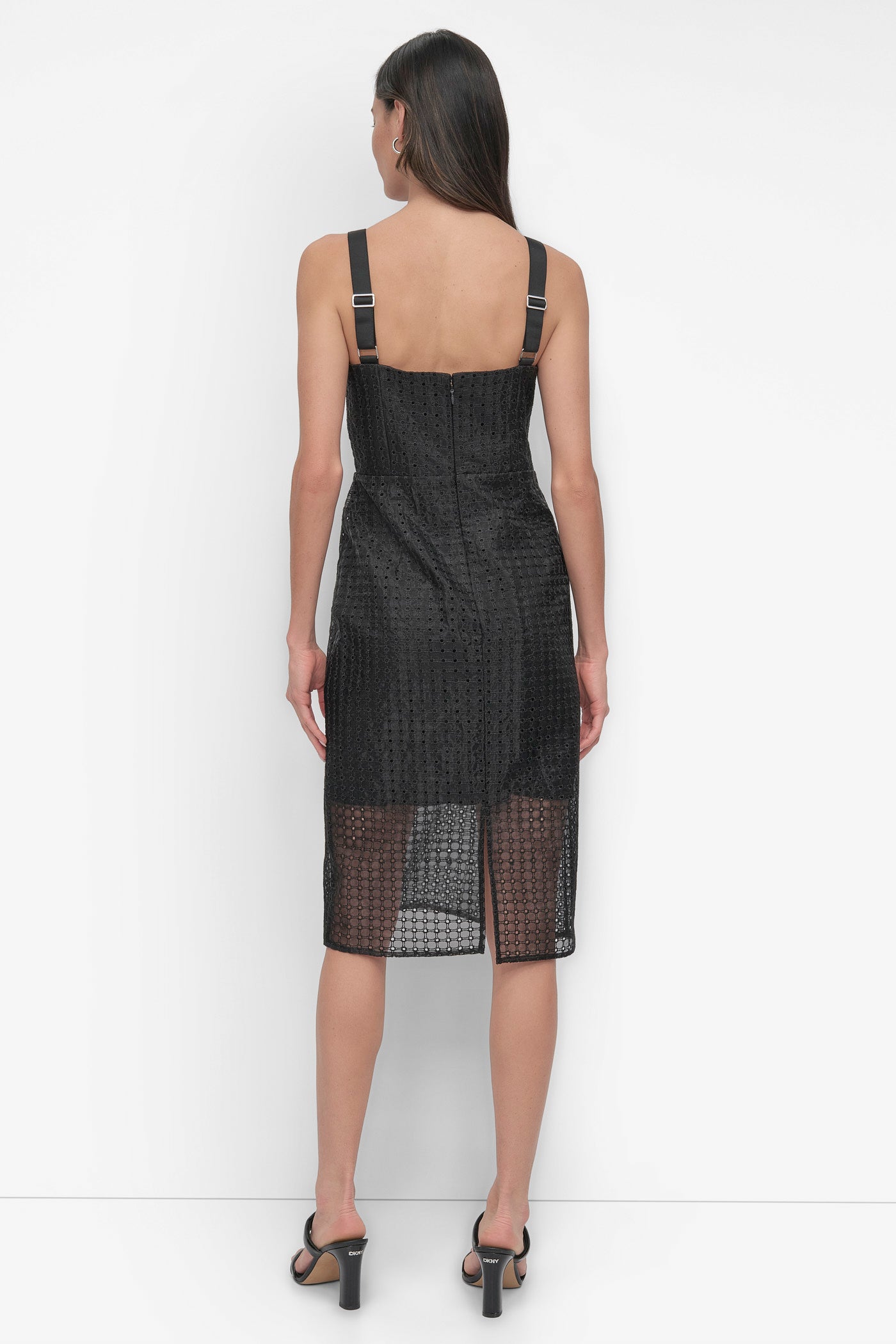 Black MIXED MEDIA ORGANZA EYELET DRESS, BACK VIEW | SALE DRESSES