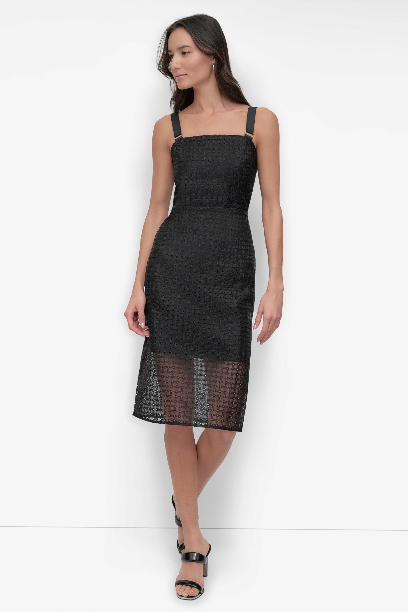 Black MIXED MEDIA ORGANZA EYELET DRESS, FRONT VIEW | SALE DRESSES