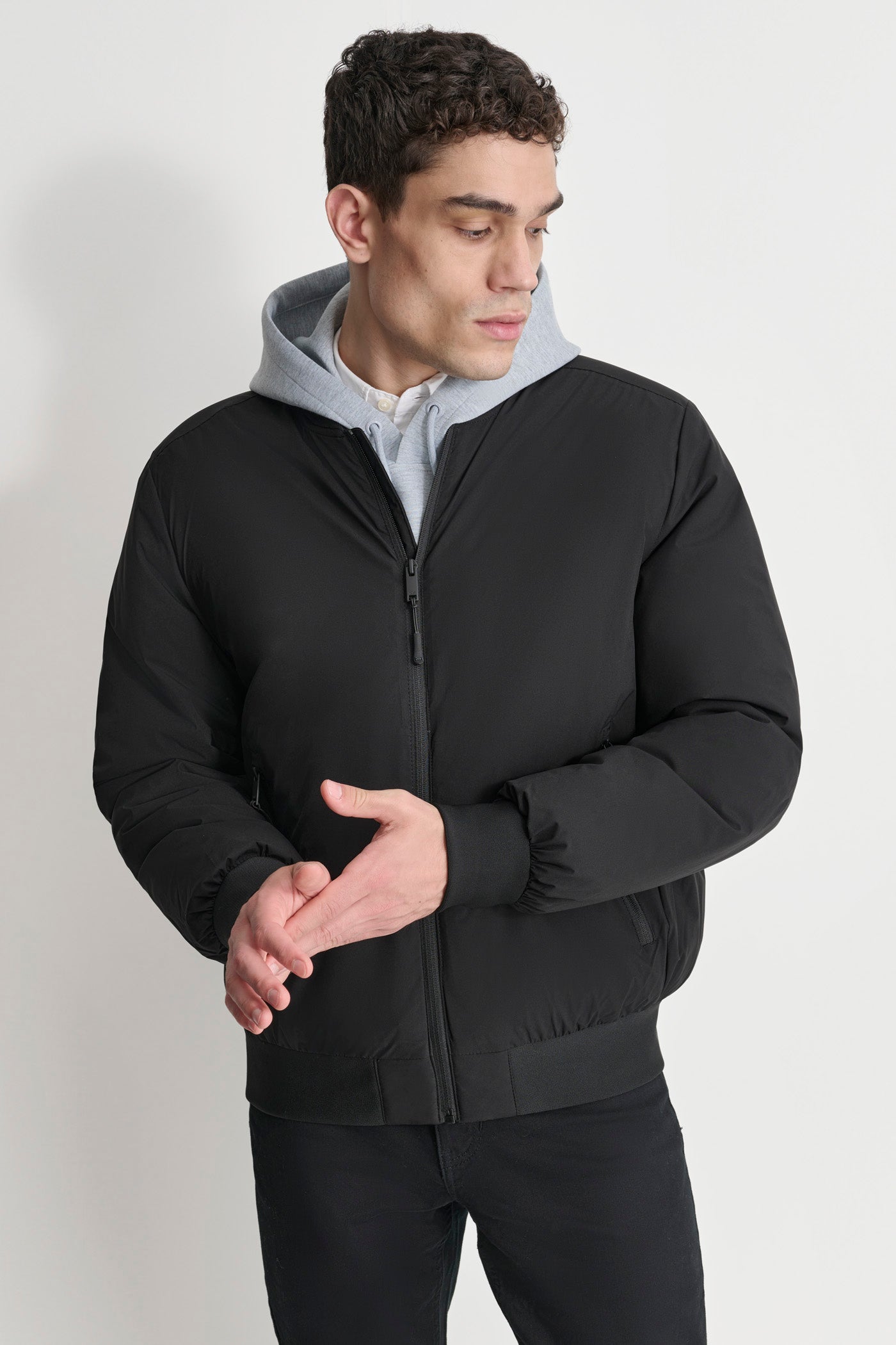 Black STRETCH POLY JACKET, FRONT VIEW | Mens Coats and Jackets