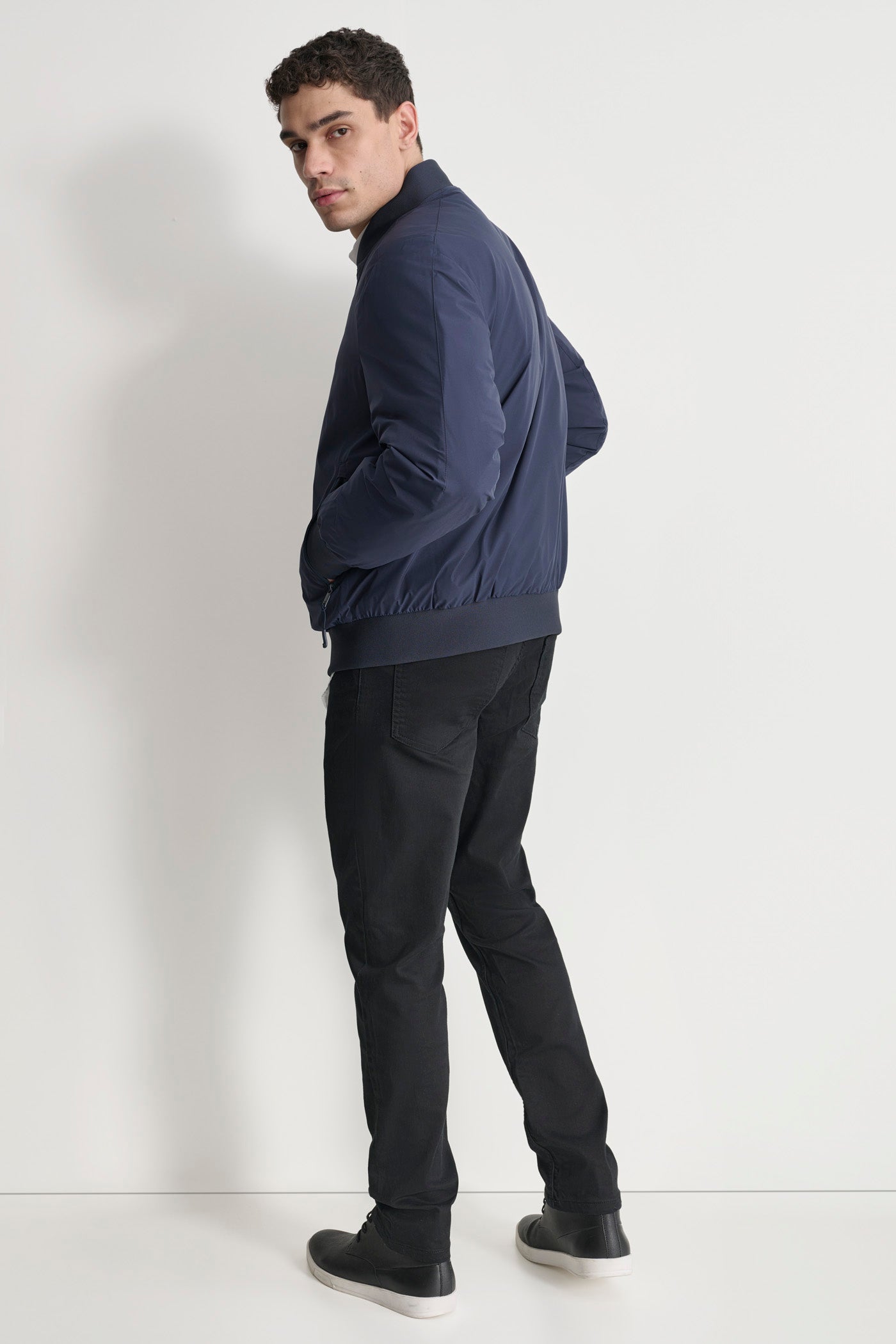 NAVY STRETCH POLY JACKET, BACK VIEW | Mens Coats and Jackets