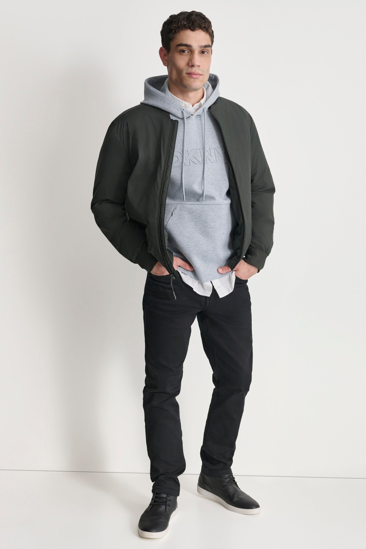 OLIVE STRETCH POLY JACKET, BACK VIEW | Mens Coats and Jackets