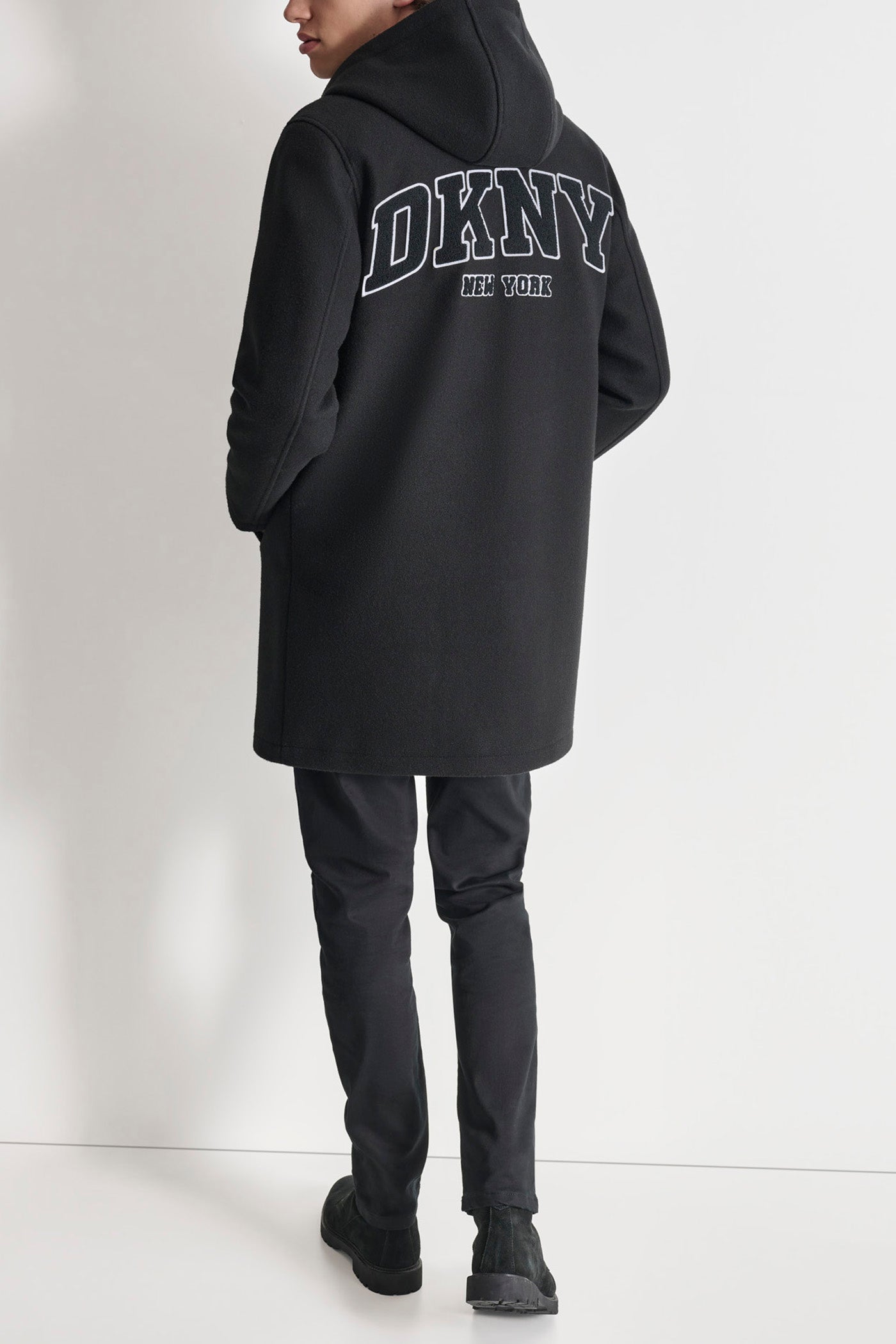 Black VARSITY STADIUM COAT, BACK VIEW | Mens Coats and Jackets