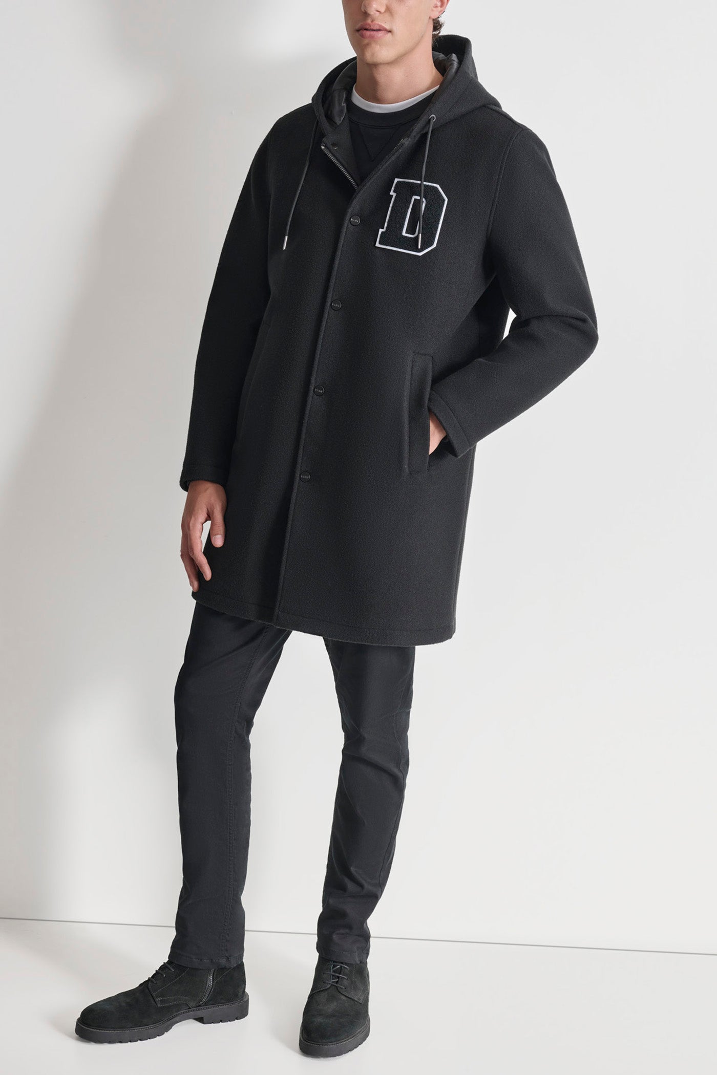 Black VARSITY STADIUM COAT, FRONT VIEW | Mens Coats and Jackets