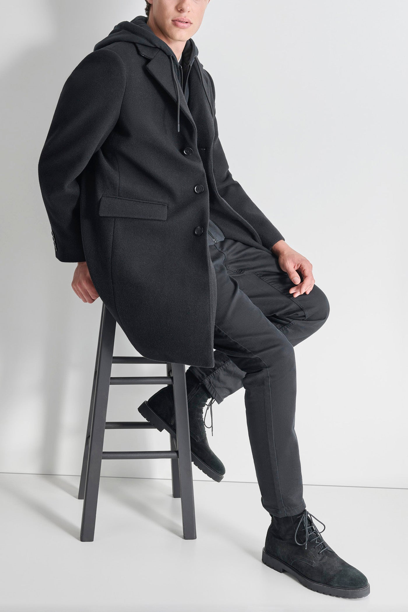 FAUX WOOL COAT WITH HOODED BIB VIEW 7 | Mens Coats and Jackets