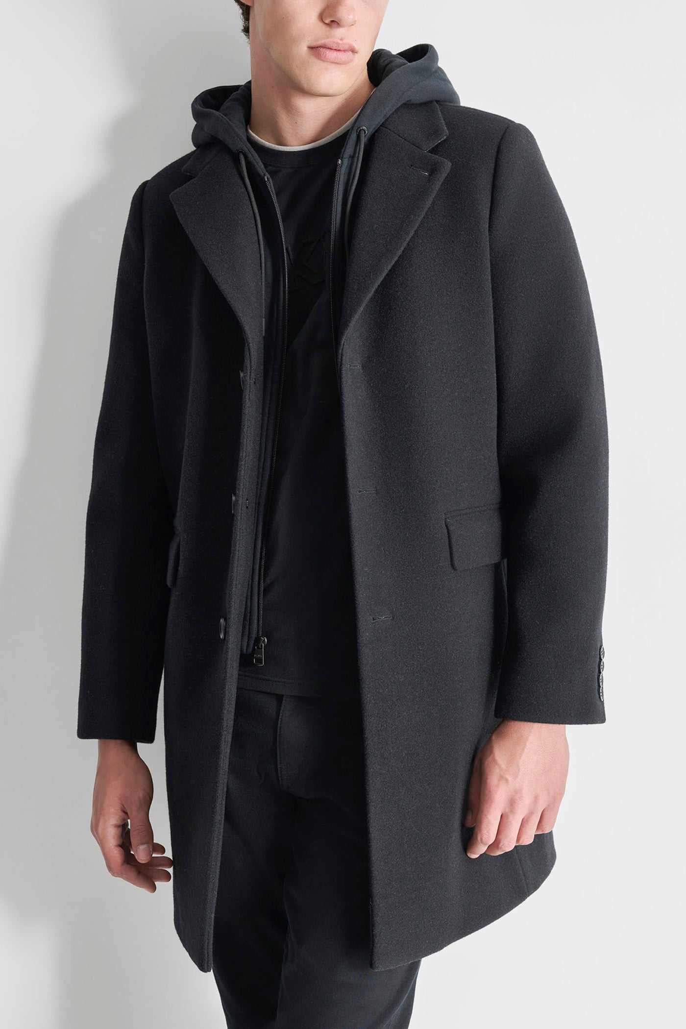 Black FAUX WOOL COAT WITH HOODED BIB, FRONT VIEW | Mens Coats and Jackets
