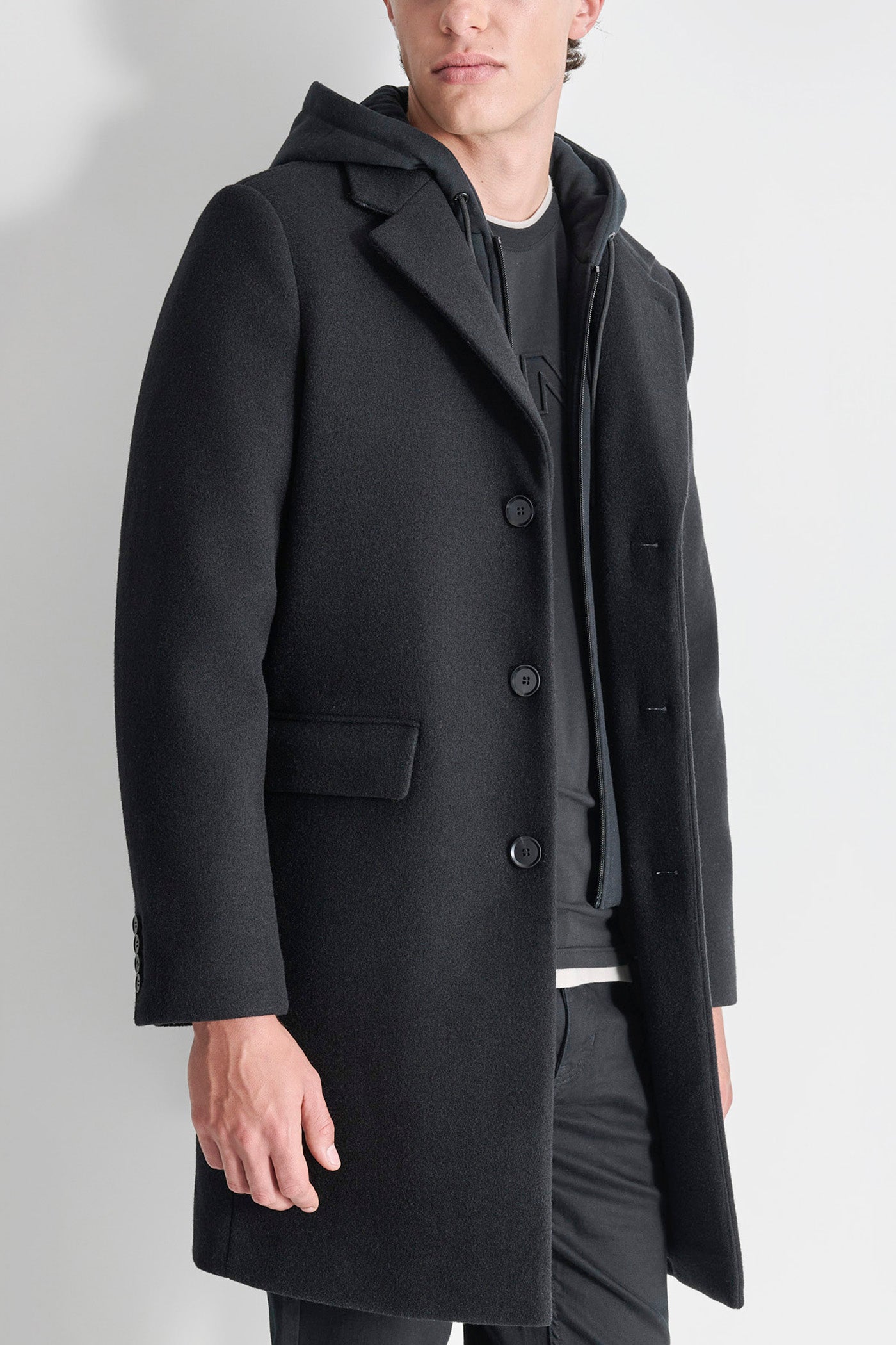 FAUX WOOL COAT WITH HOODED BIB VIEW 3 | Mens Coats and Jackets