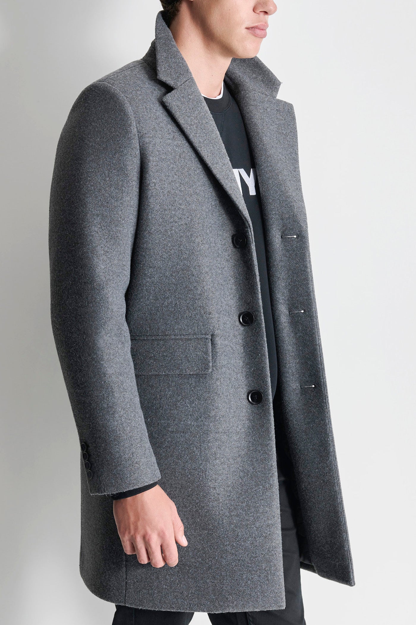 CHARCOAL FAUX WOOL COAT WITH HOODED BIB, VIEW 2 | Mens Coats and Jackets