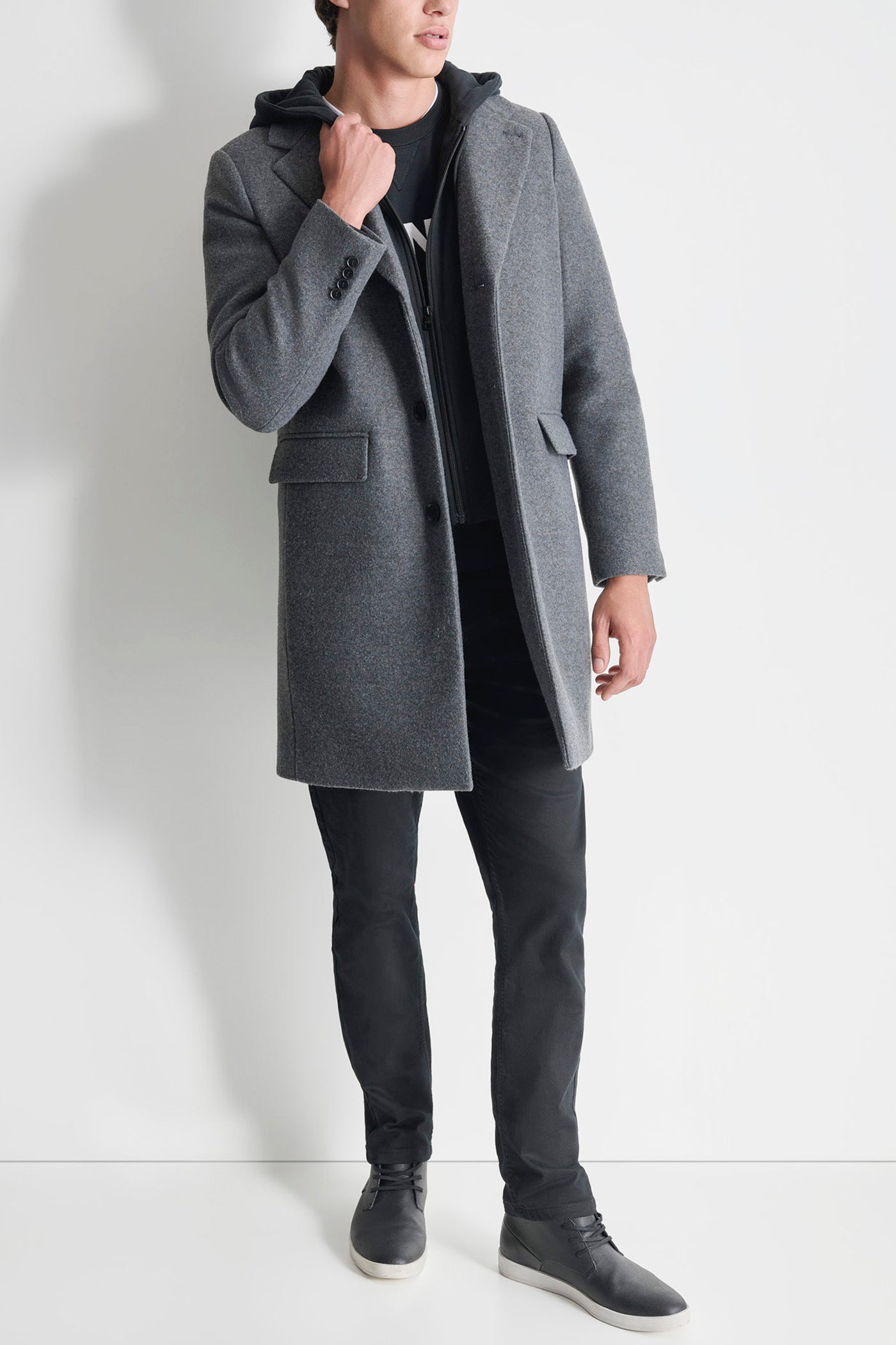FAUX WOOL COAT WITH HOODED BIB VIEW 11 | Mens Coats and Jackets